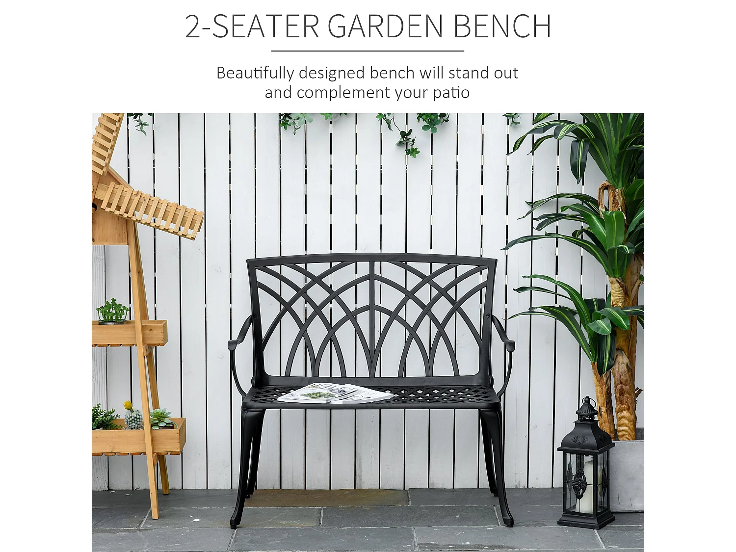 Elsu 2 Seater Outdoor Garden Bench Black Cast Aluminium Antique Finish