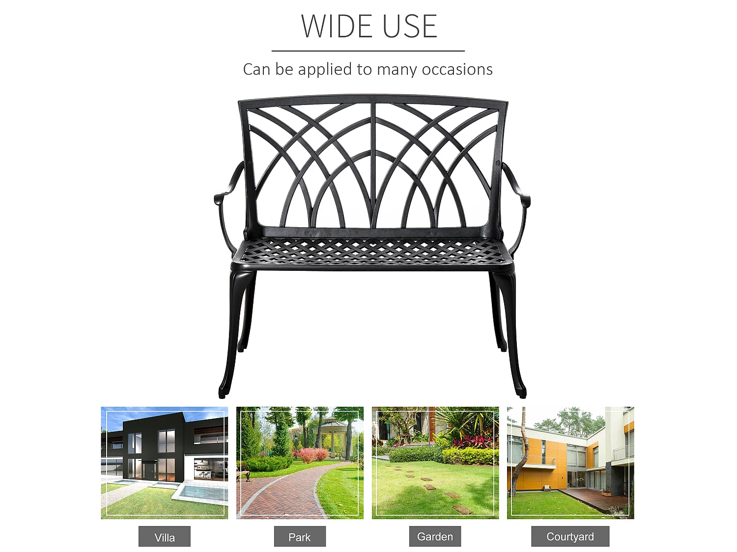 Elsu 2 Seater Outdoor Garden Bench Black Cast Aluminium Antique Finish