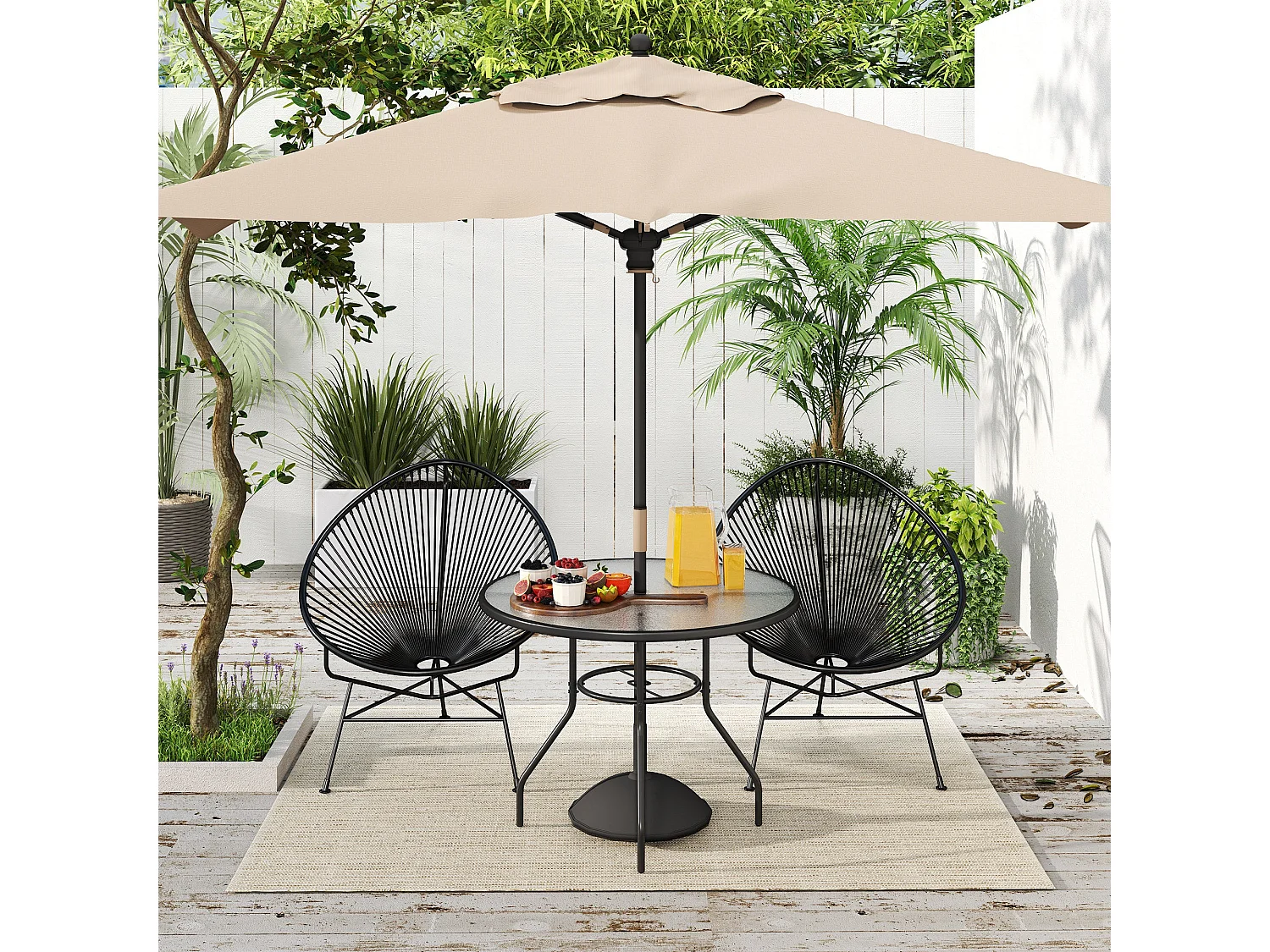 Rekapa 100cm Round Black Steel Table with 5 mm Tempered Glass and Centre Parasol Hole