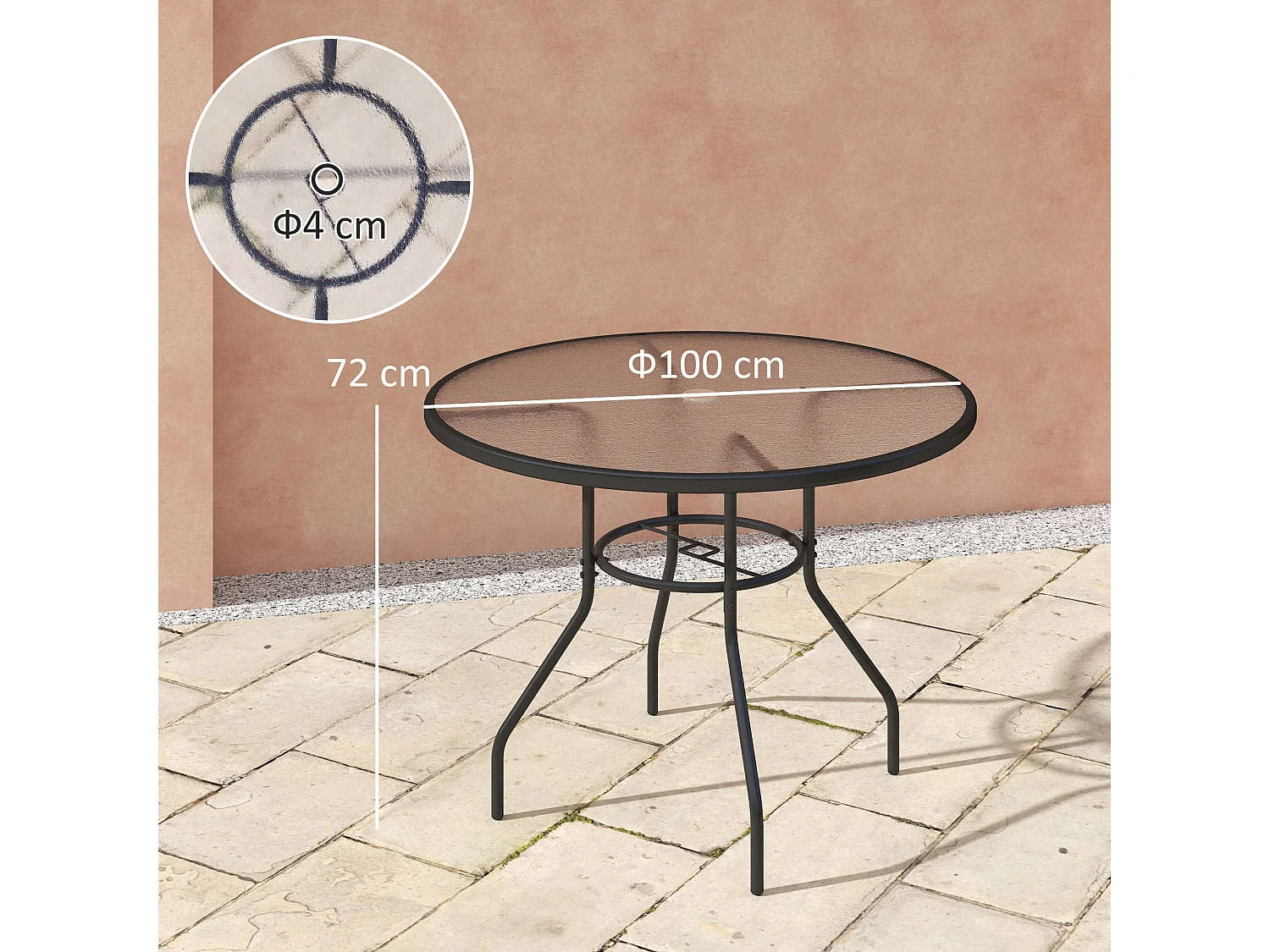 Rekapa 100cm Round Black Steel Table with 5 mm Tempered Glass and Centre Parasol Hole