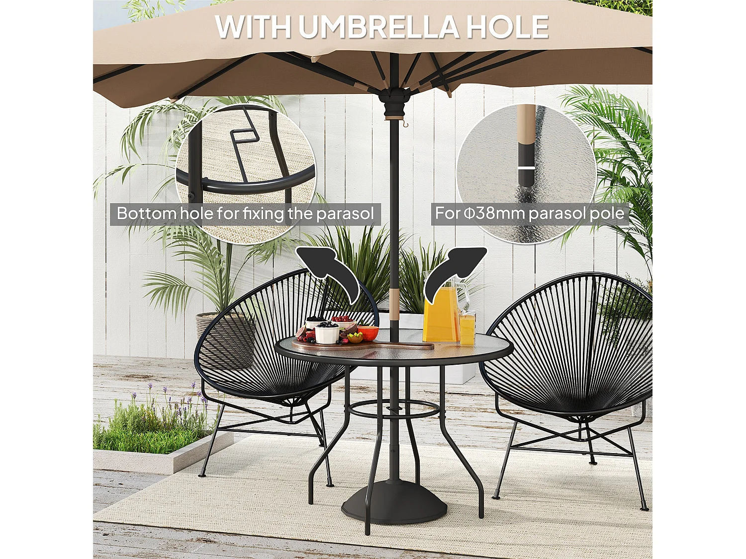 Rekapa 100cm Round Black Steel Table with 5 mm Tempered Glass and Centre Parasol Hole