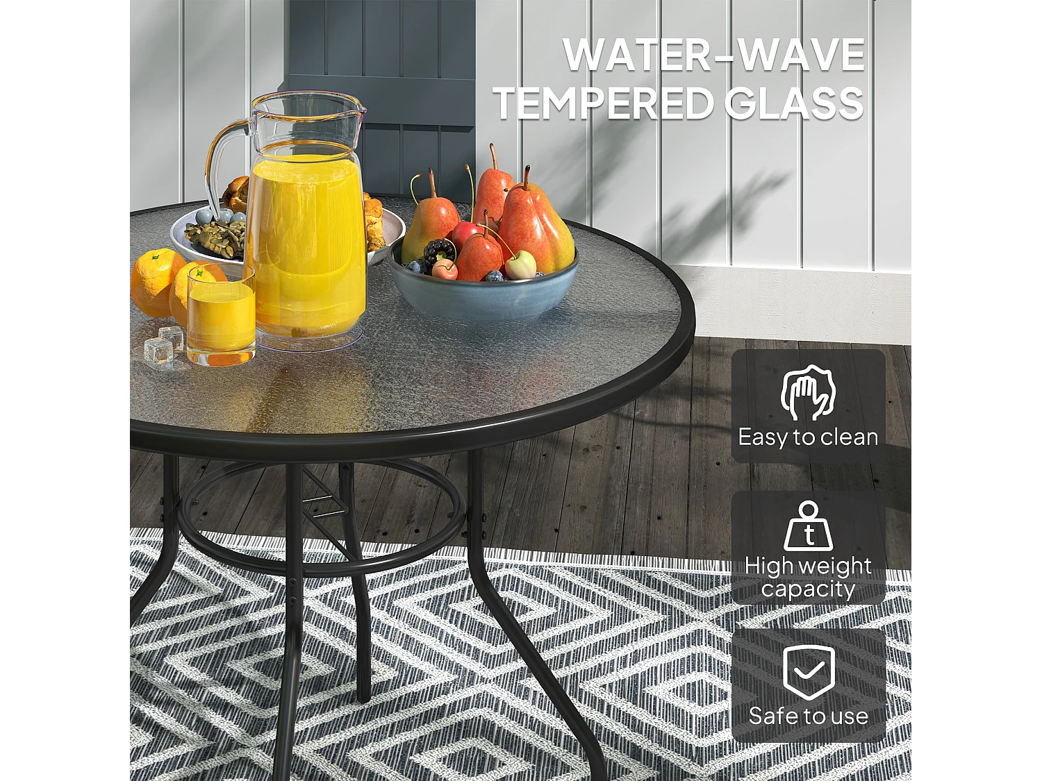 Rekapa 100cm Round Black Steel Table with 5 mm Tempered Glass and Centre Parasol Hole