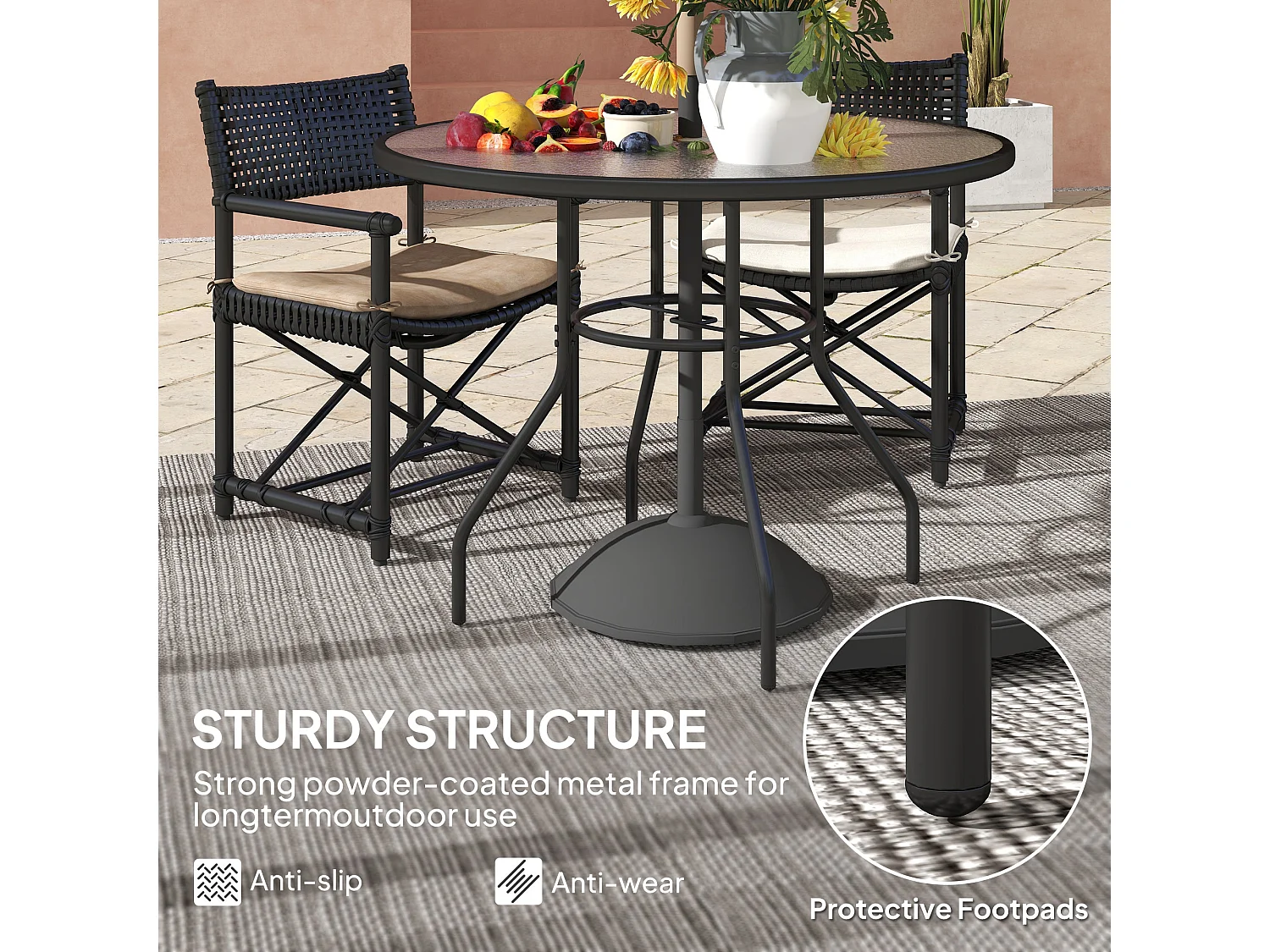 Rekapa 100cm Round Black Steel Table with 5 mm Tempered Glass and Centre Parasol Hole