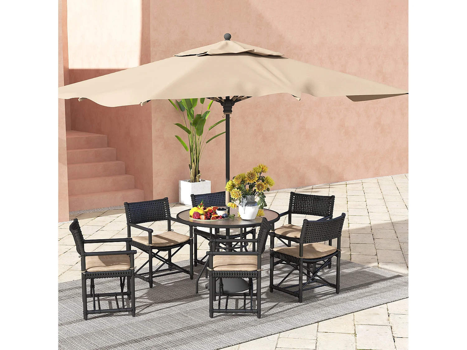 Rekapa 100cm Round Black Steel Table with 5 mm Tempered Glass and Centre Parasol Hole