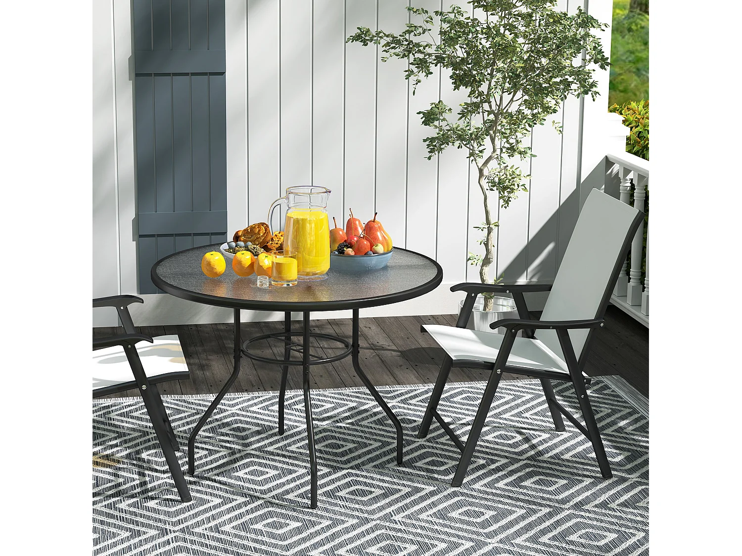 Rekapa 100cm Round Black Steel Table with 5 mm Tempered Glass and Centre Parasol Hole