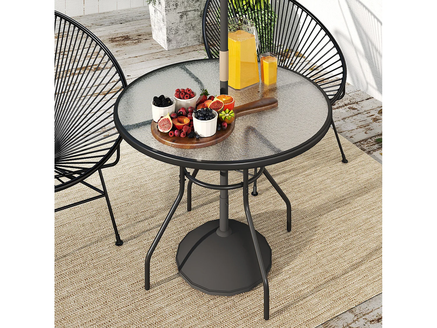 Rekapa 100cm Round Black Steel Table with 5 mm Tempered Glass and Centre Parasol Hole