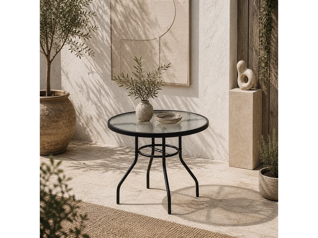Rekapa 100cm Round Black Steel Table with 5 mm Tempered Glass and Centre Parasol Hole