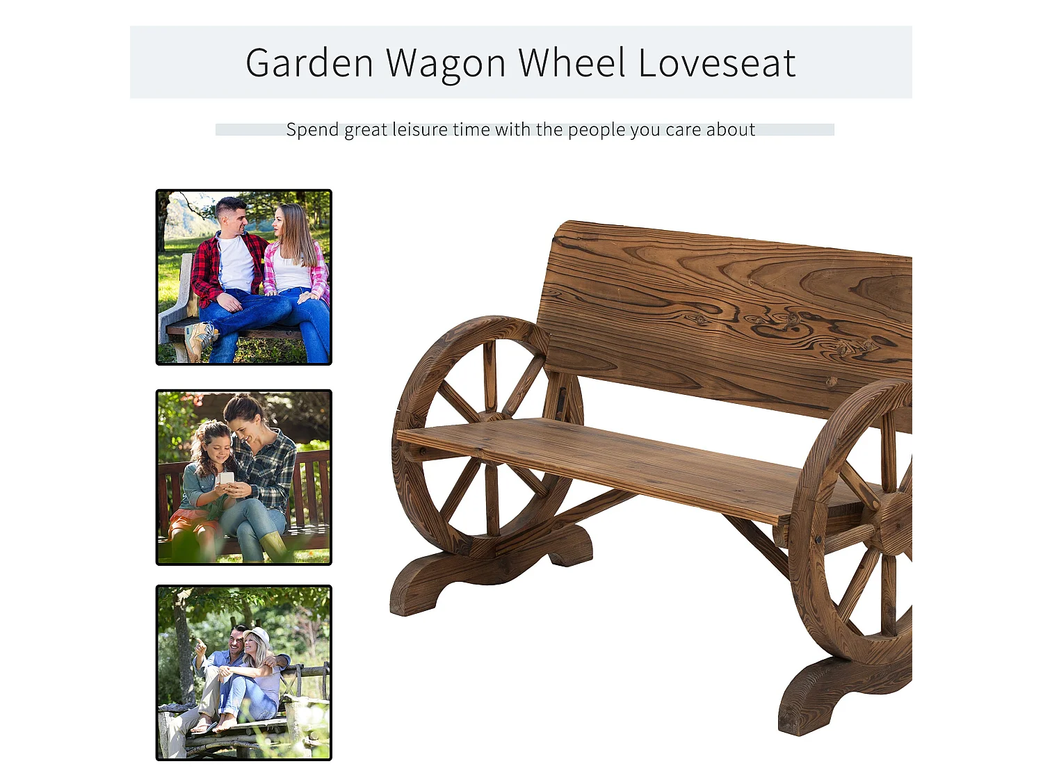 Livika Fir Wood 2 Seater Garden Bench With Wagon Wheel Sides