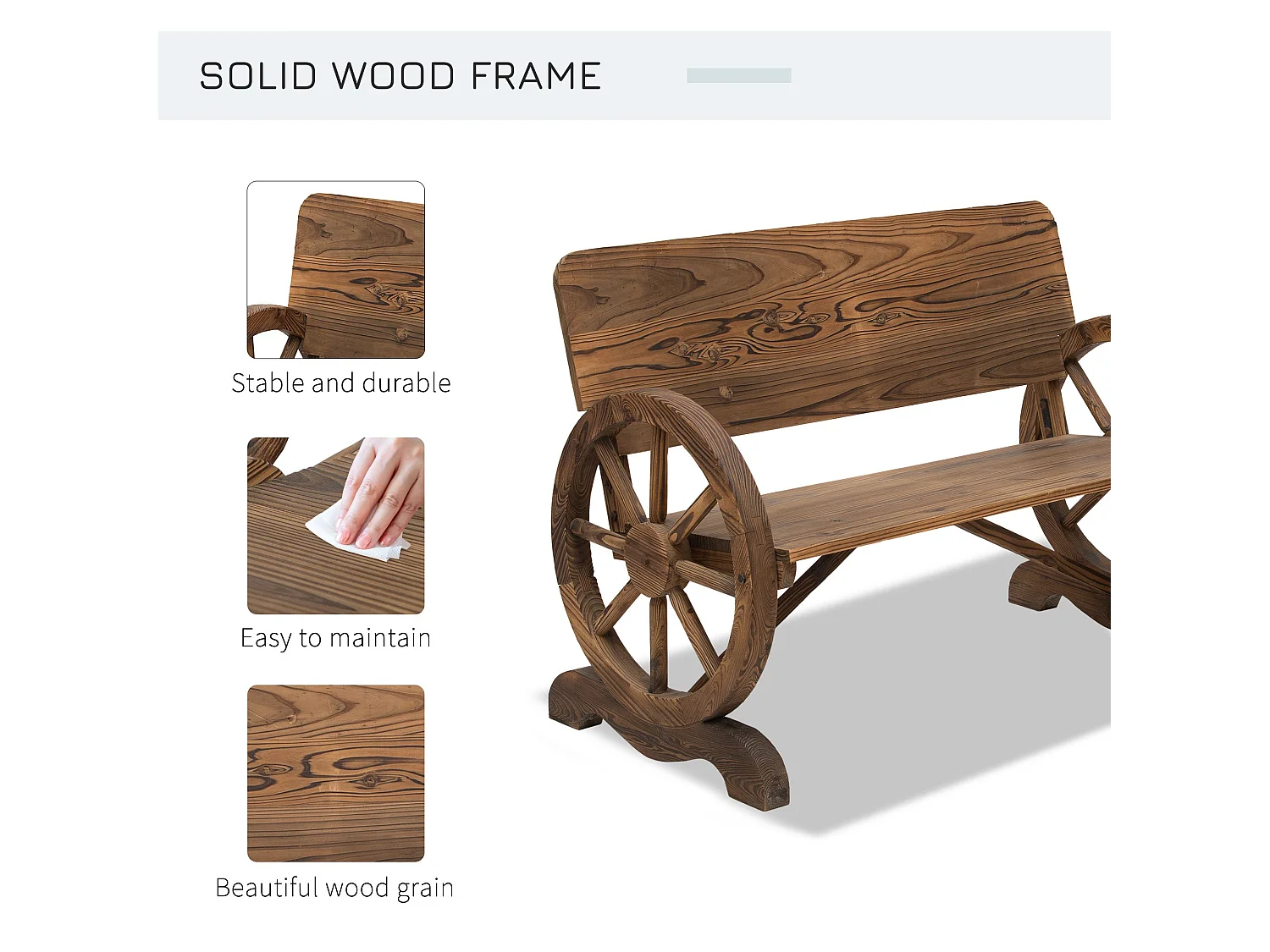 Livika Fir Wood 2 Seater Garden Bench With Wagon Wheel Sides