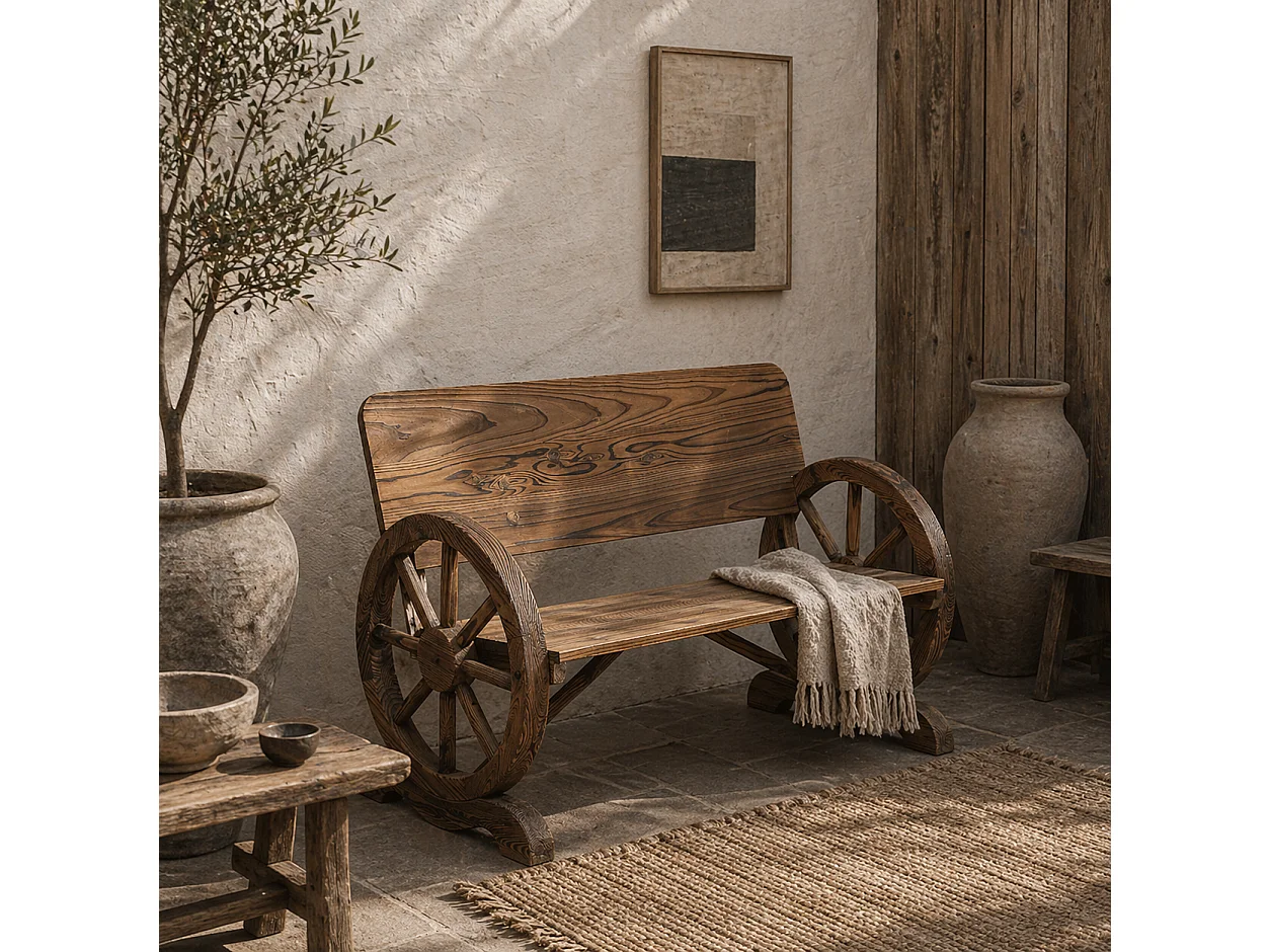Livika Fir Wood 2 Seater Garden Bench With Wagon Wheel Sides