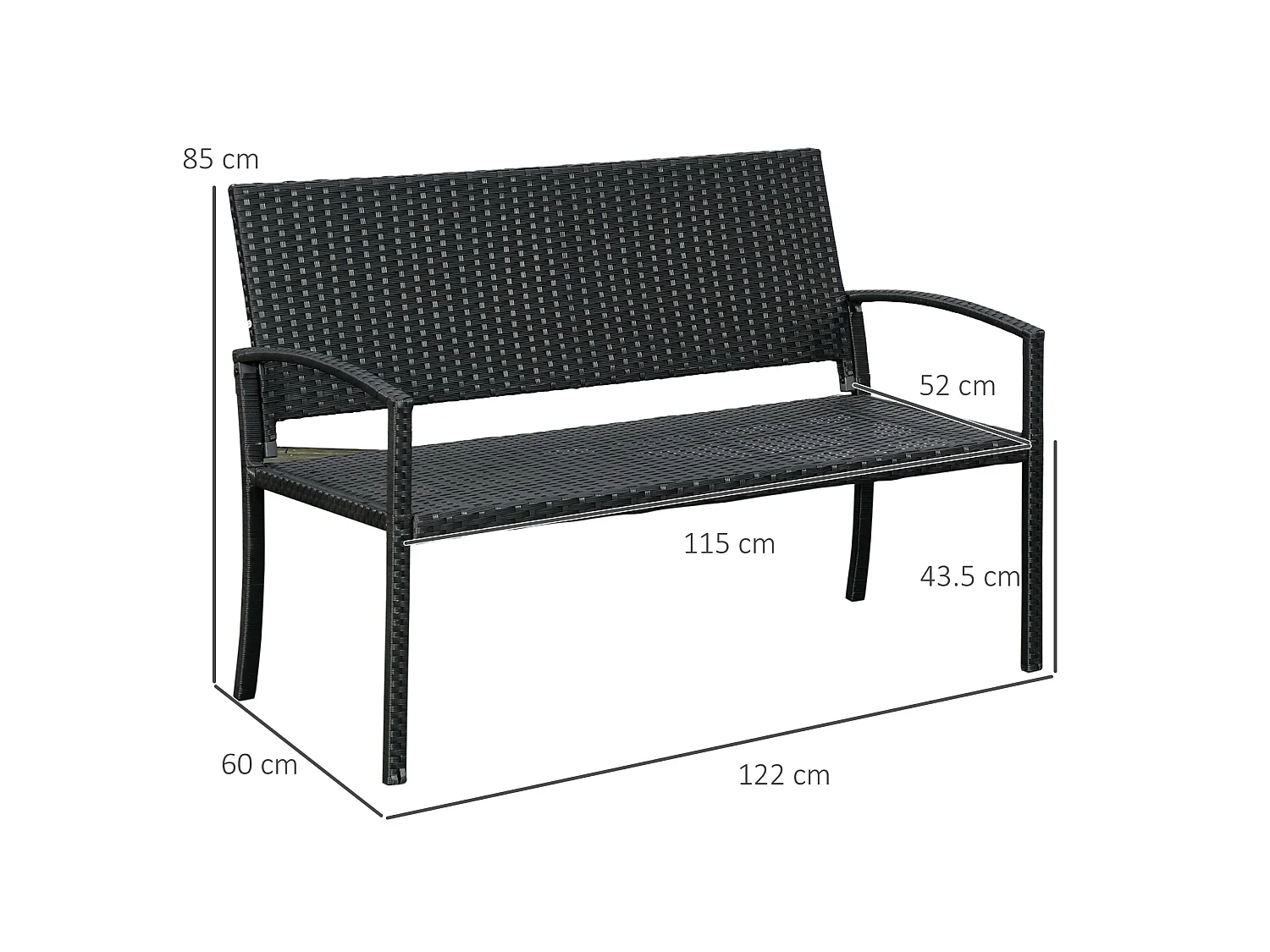 Vasu Black Rattan 2 Seater Outdoor Bench with Armrests and Reinforced Backrest