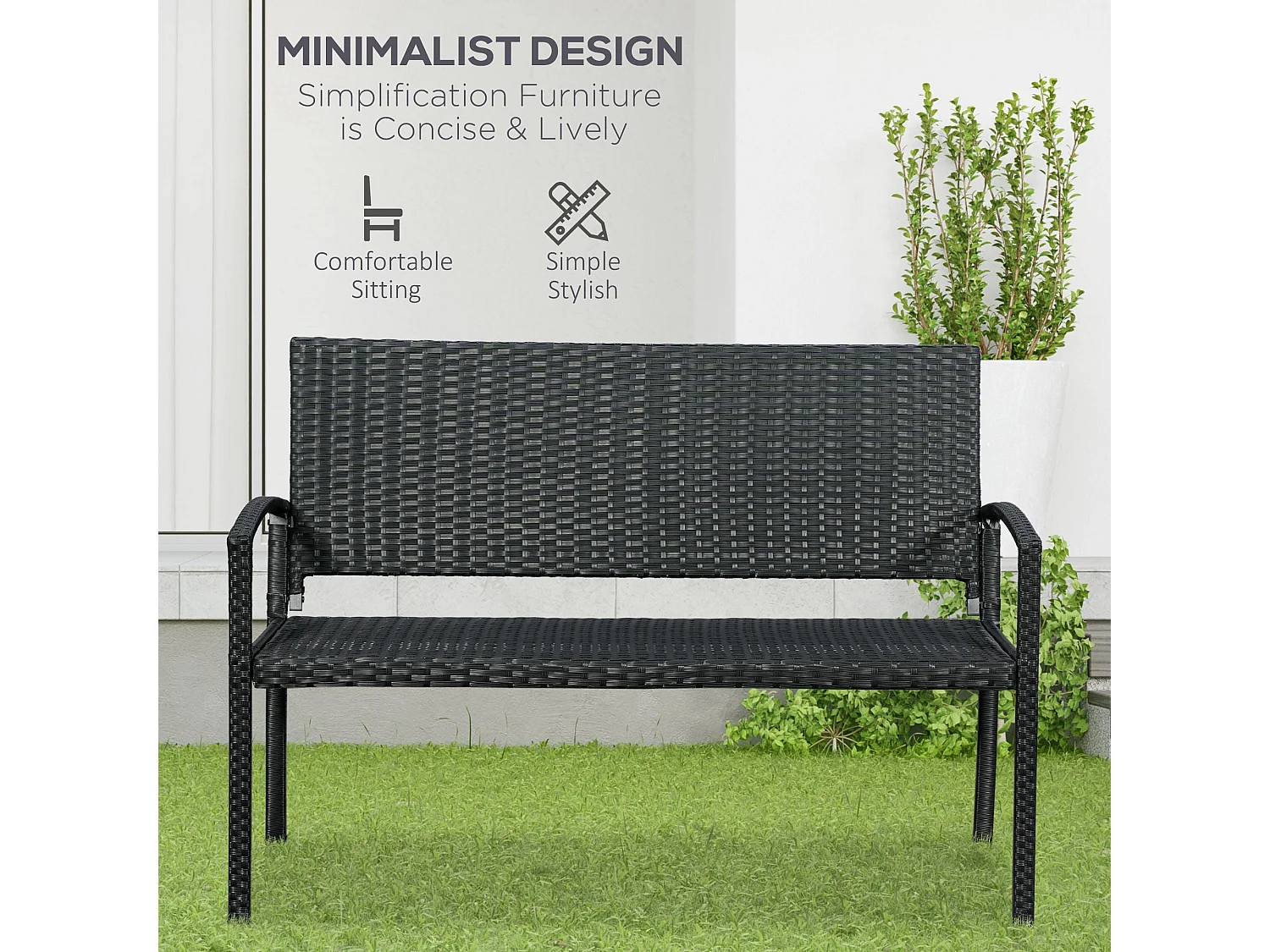 Vasu Black Rattan 2 Seater Outdoor Bench with Armrests and Reinforced Backrest
