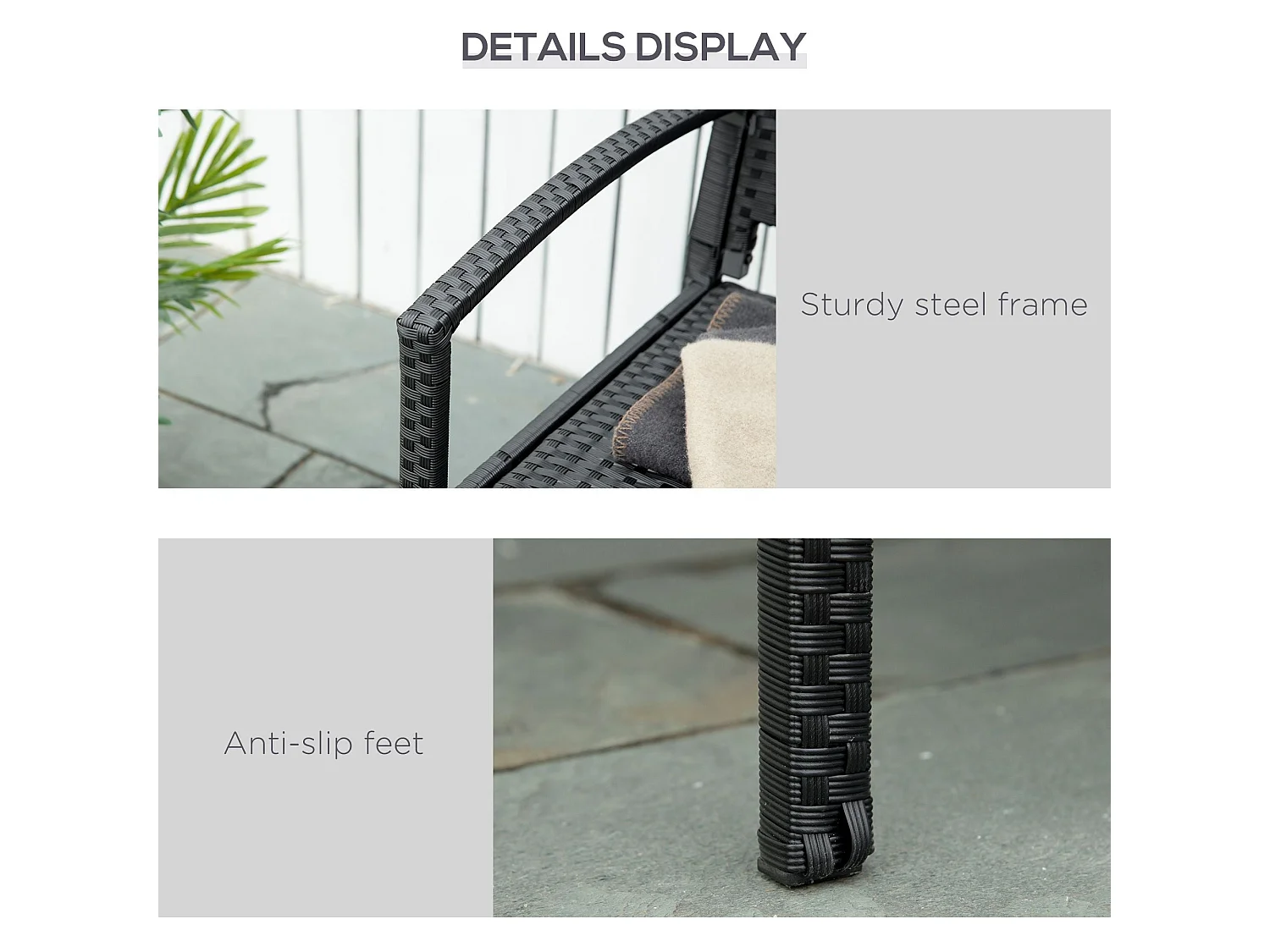 Vasu Black Rattan 2 Seater Outdoor Bench with Armrests and Reinforced Backrest