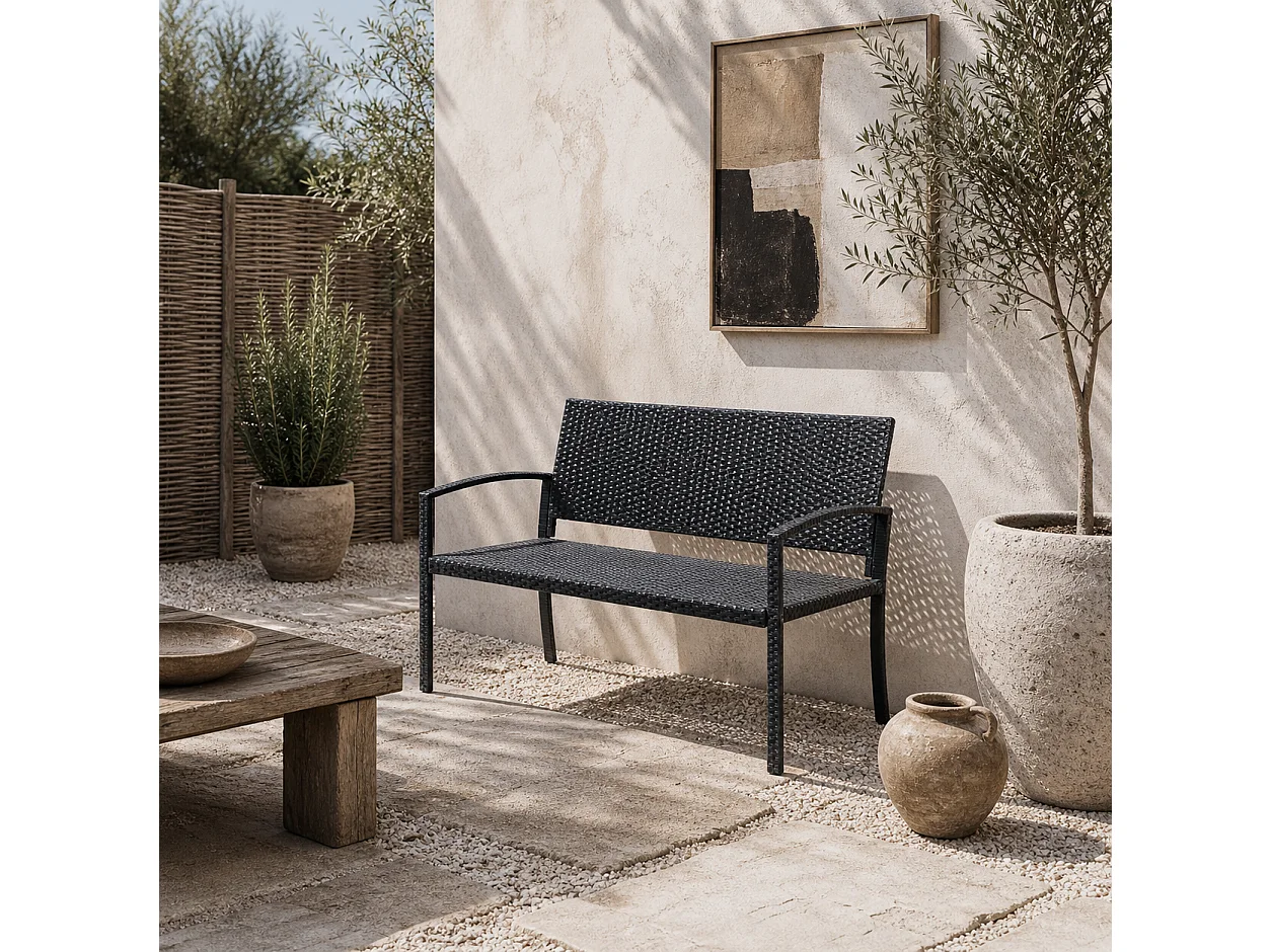 Vasu Black Rattan 2 Seater Outdoor Bench with Armrests and Reinforced Backrest