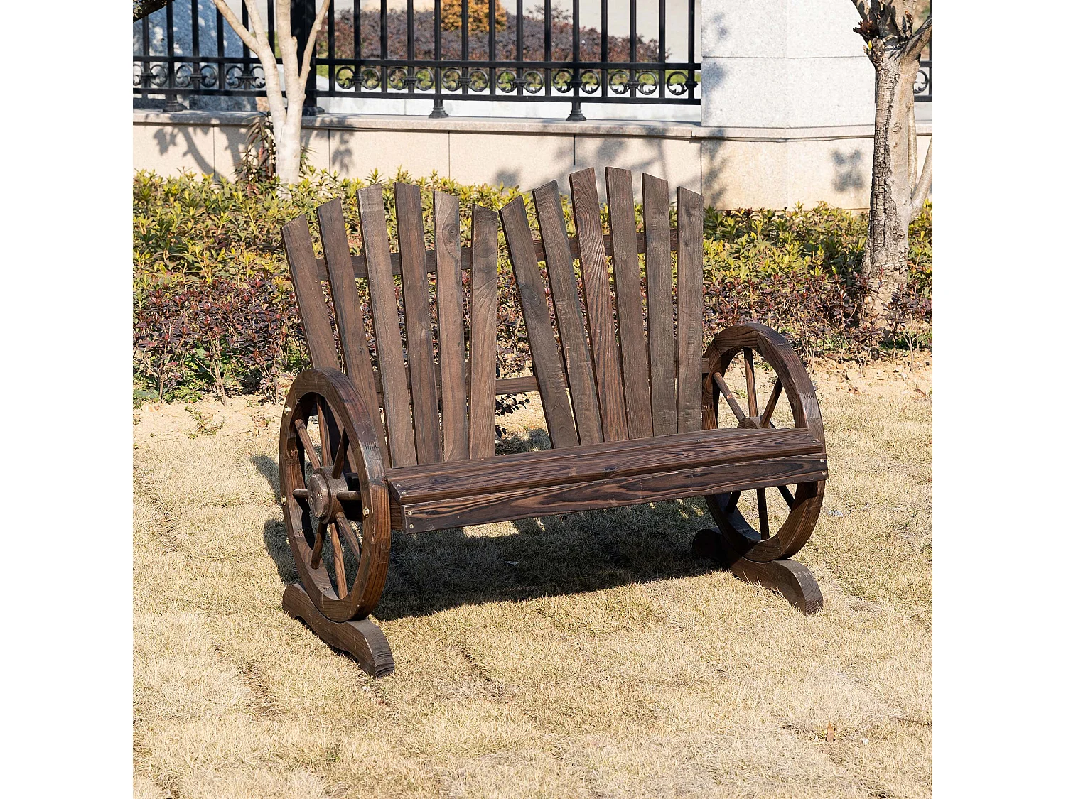 Basetti Fir Wood Slatted Love Seat with Wheel Style Armrests