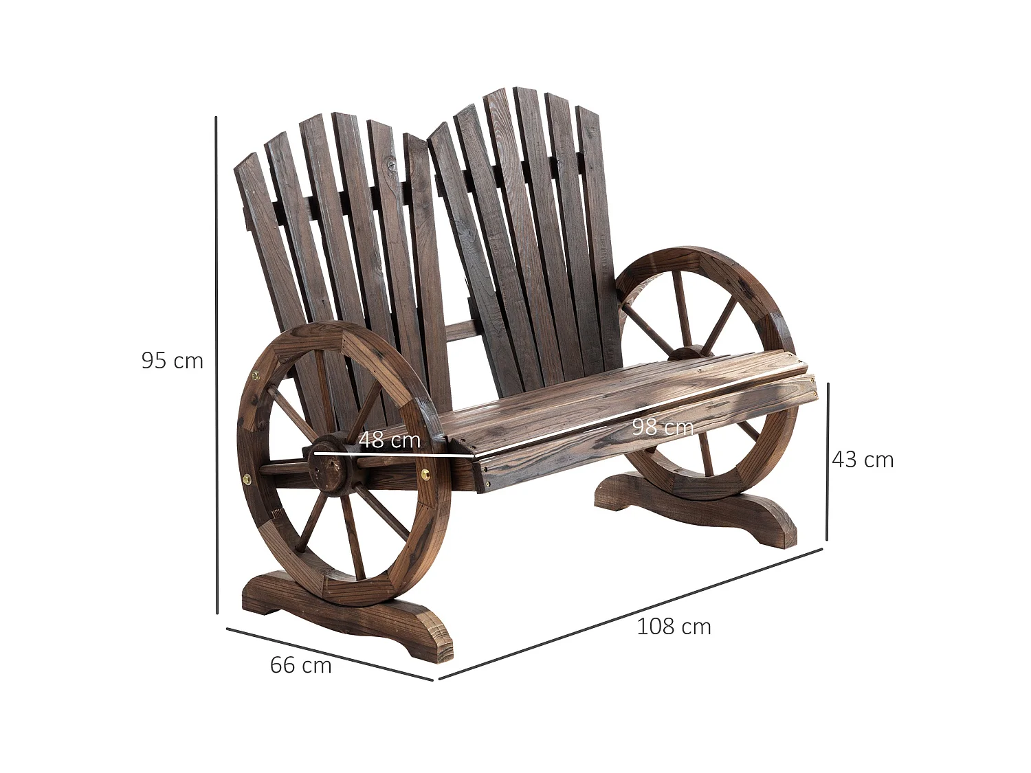 Basetti Fir Wood Slatted Love Seat with Wheel Style Armrests