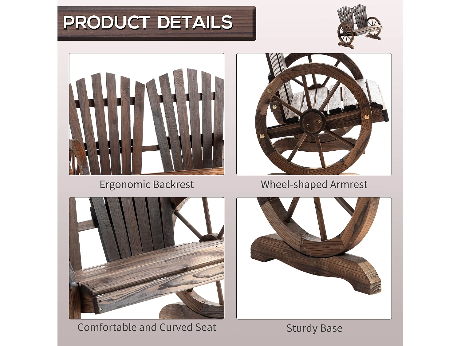 Basetti Fir Wood Slatted Love Seat with Wheel Style Armrests