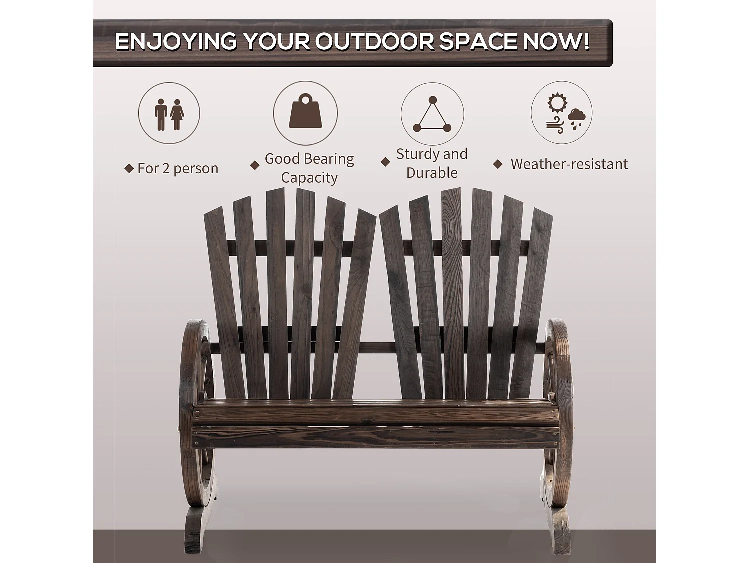 Basetti Fir Wood Slatted Love Seat with Wheel Style Armrests