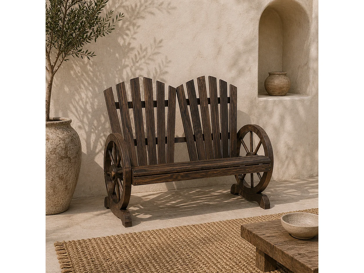 Basetti Fir Wood Slatted Love Seat with Wheel Style Armrests