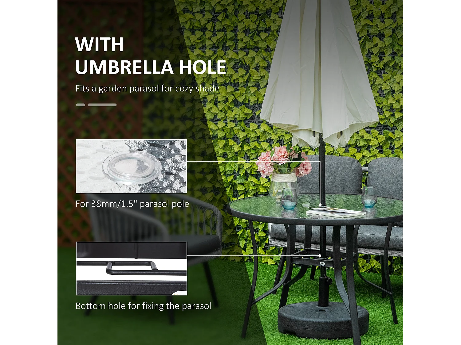 Momi Round Steel and Tempered Glass Garden Dining Table with Parasol Hole