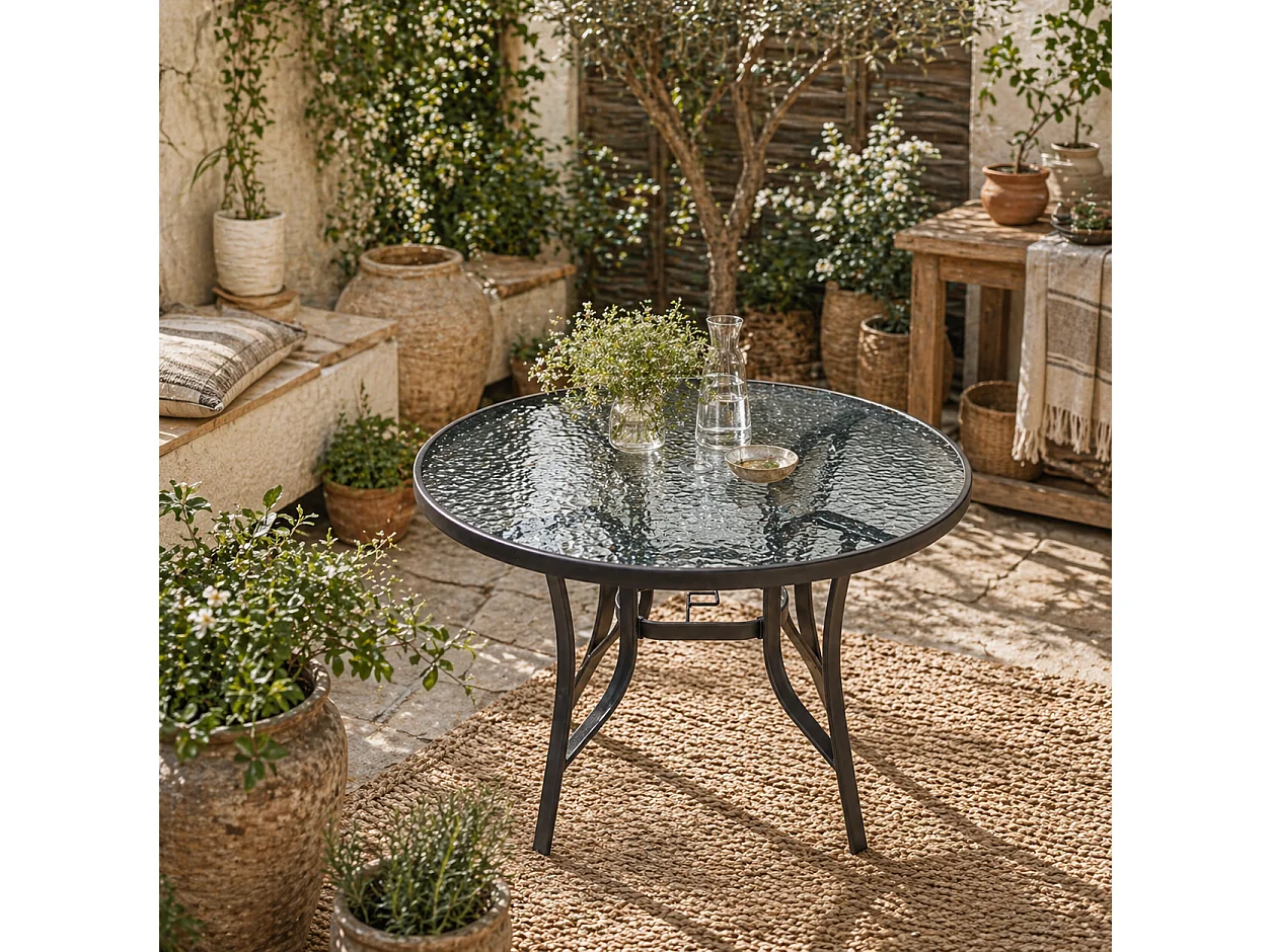 Momi Round Steel and Tempered Glass Garden Dining Table with Parasol Hole
