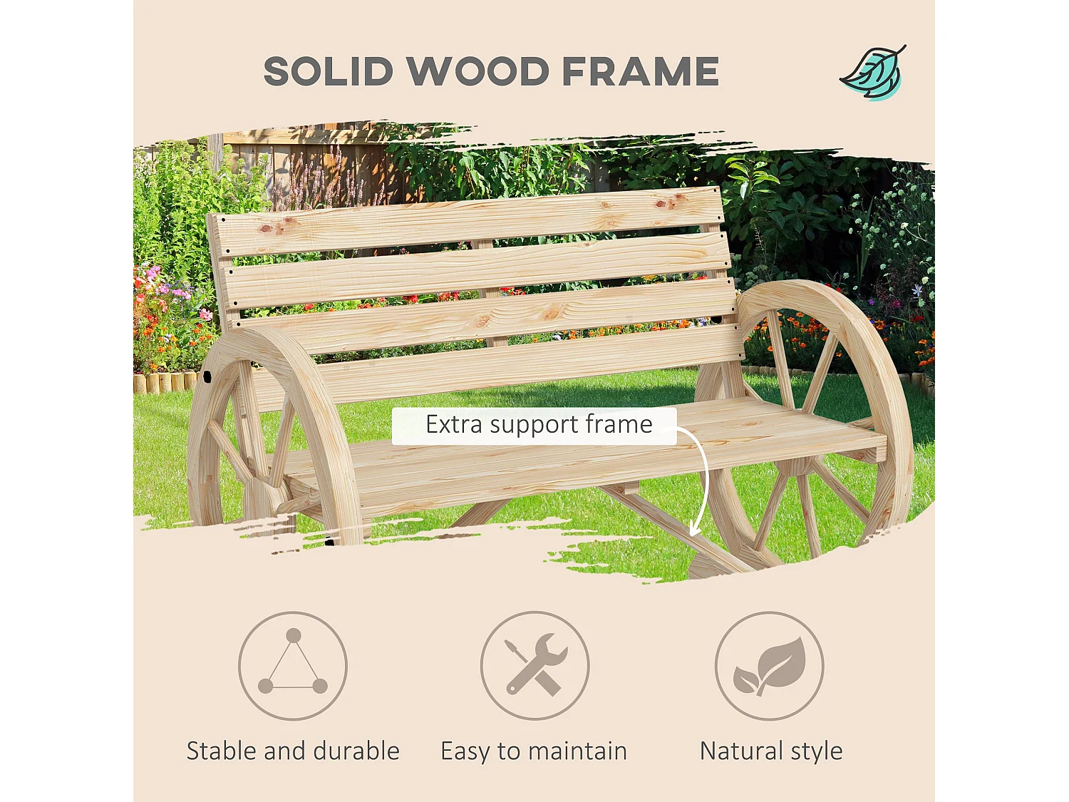 Hata Zilu Natural Fir Wood Rustic Wagon Wheel Garden Bench With Armrests