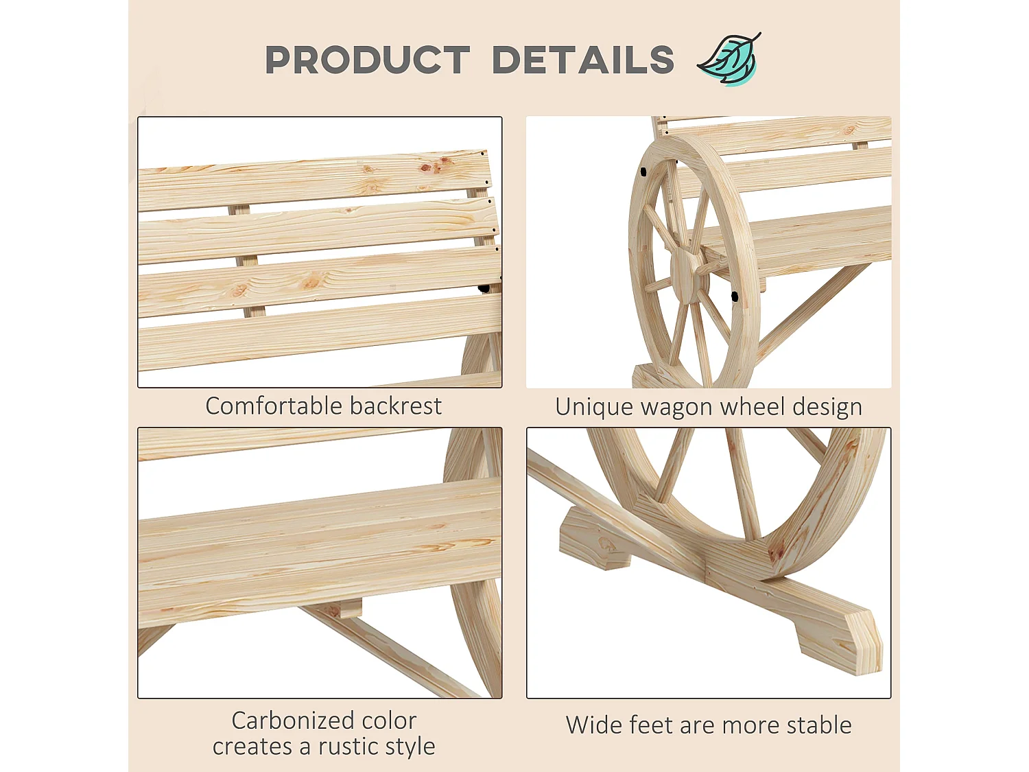Hata Zilu Natural Fir Wood Rustic Wagon Wheel Garden Bench With Armrests