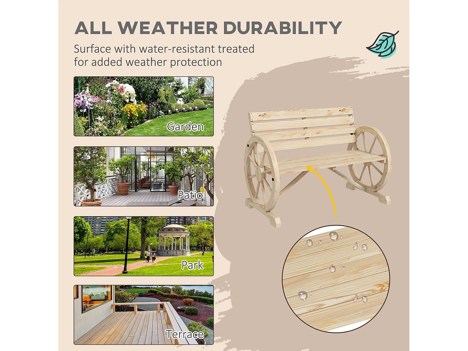 Hata Zilu Natural Fir Wood Rustic Wagon Wheel Garden Bench With Armrests