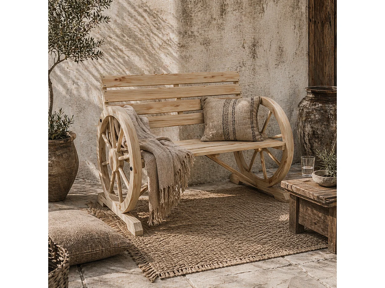 Hata Zilu Natural Fir Wood Rustic Wagon Wheel Garden Bench With Armrests