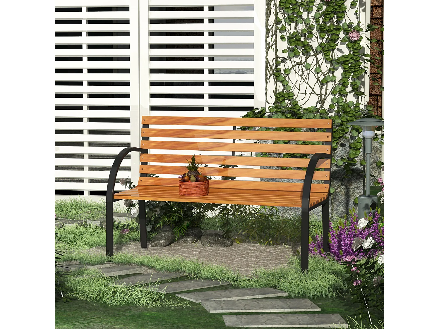Nifalo 122cm Steel Frame and Natural Slatted Wood Outdoor Garden Bench