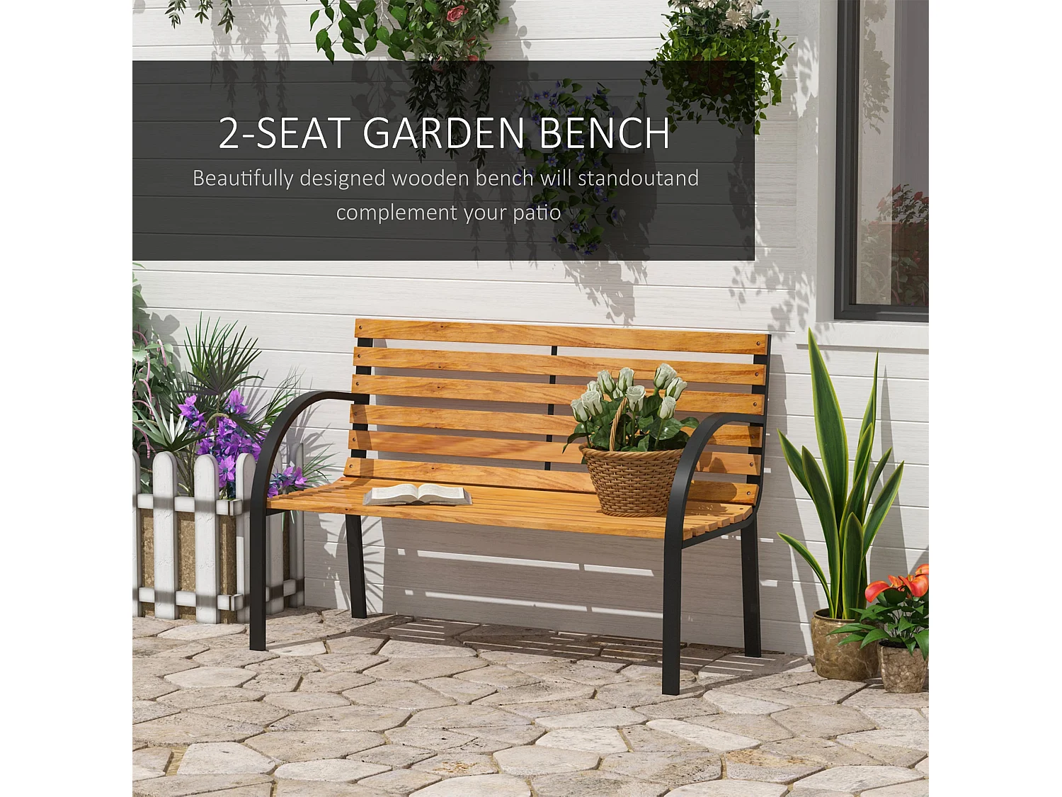 Nifalo 122cm Steel Frame and Natural Slatted Wood Outdoor Garden Bench