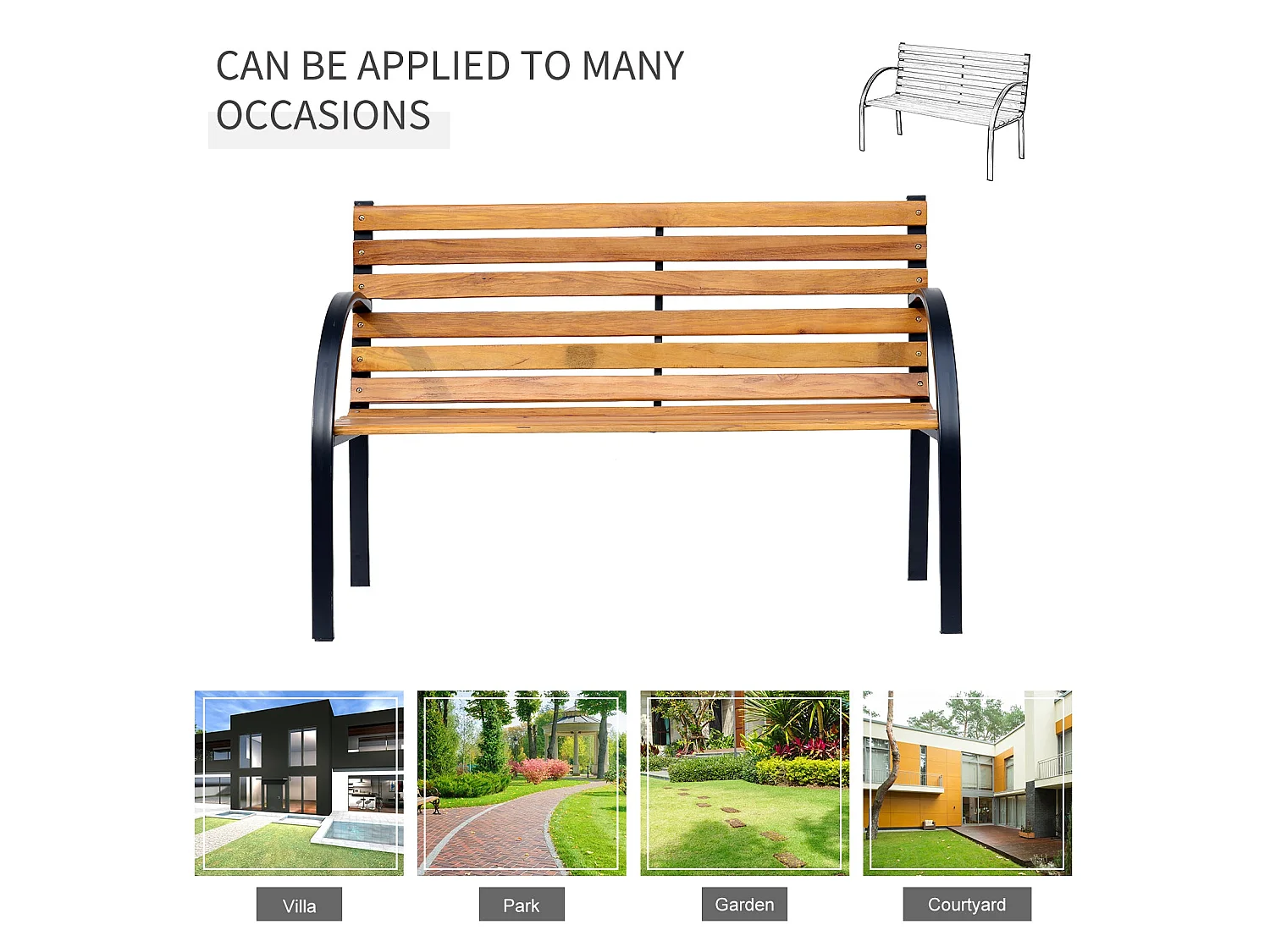 Nifalo 122cm Steel Frame and Natural Slatted Wood Outdoor Garden Bench