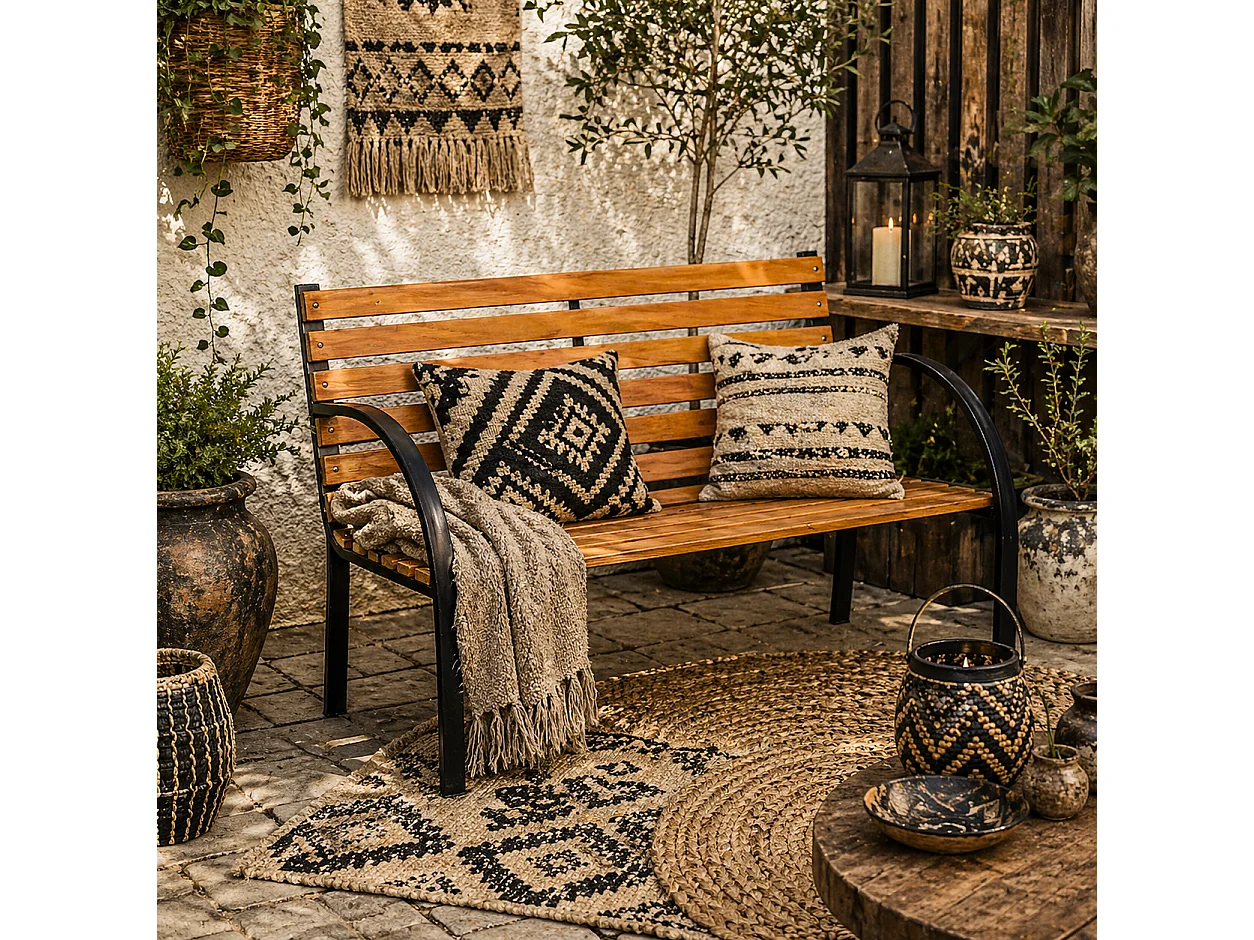 Nifalo 122cm Steel Frame and Natural Slatted Wood Outdoor Garden Bench