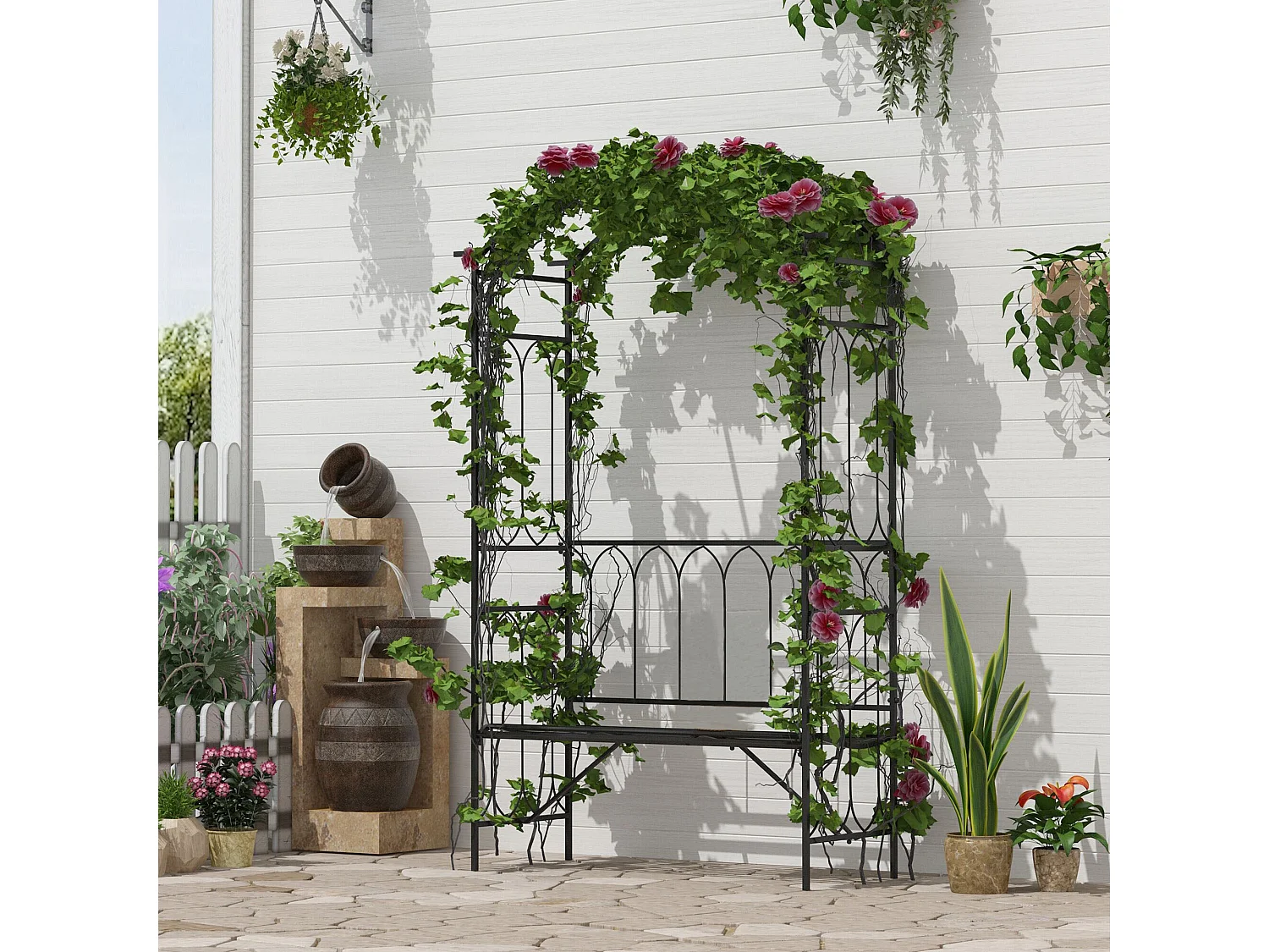 Moretta Black Metal Garden Arbour Bench with Arched Trellis Frame 115 x 50 x 203cm