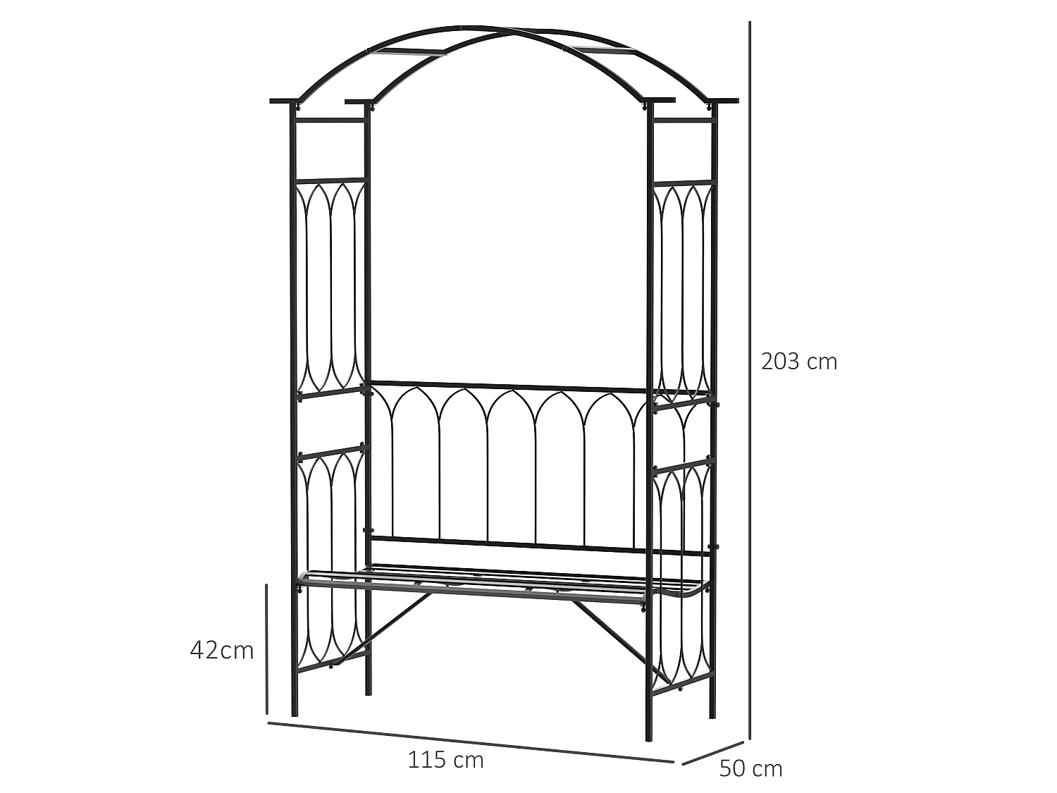 Moretta Black Metal Garden Arbour Bench with Arched Trellis Frame 115 x 50 x 203cm
