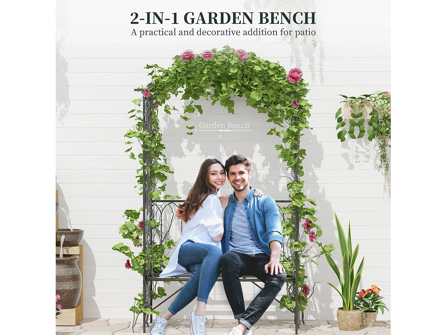 Moretta Black Metal Garden Arbour Bench with Arched Trellis Frame 115 x 50 x 203cm