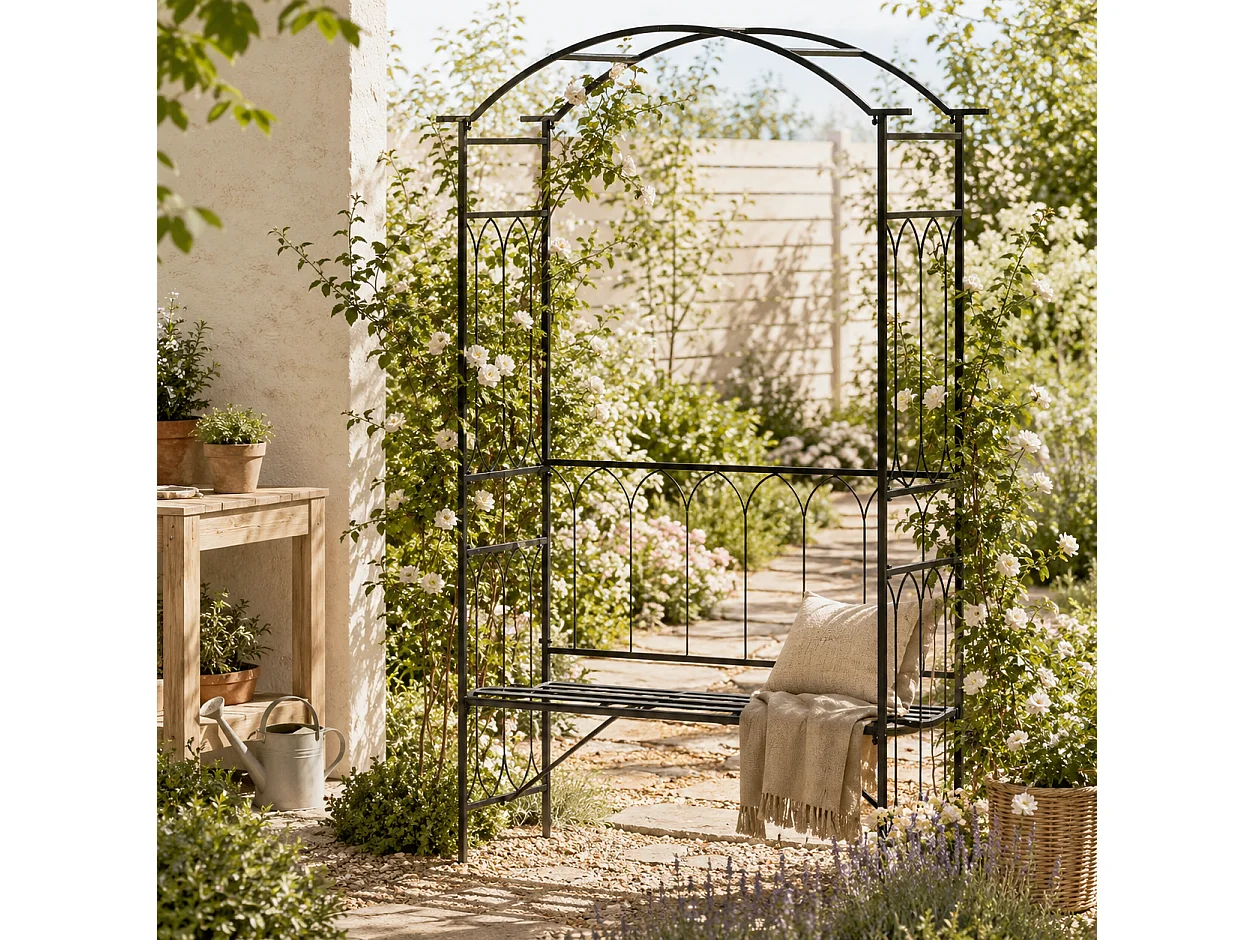 Moretta Black Metal Garden Arbour Bench with Arched Trellis Frame 115 x 50 x 203cm