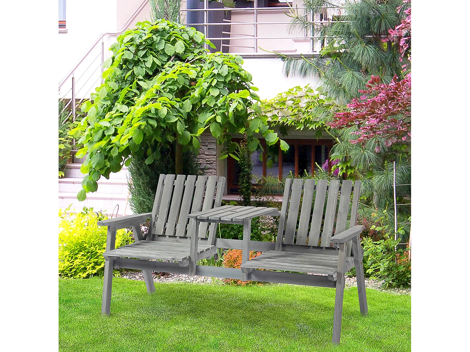 Sasumi Grey 2 Seater Fir Wood Loveseat with Integrated Table