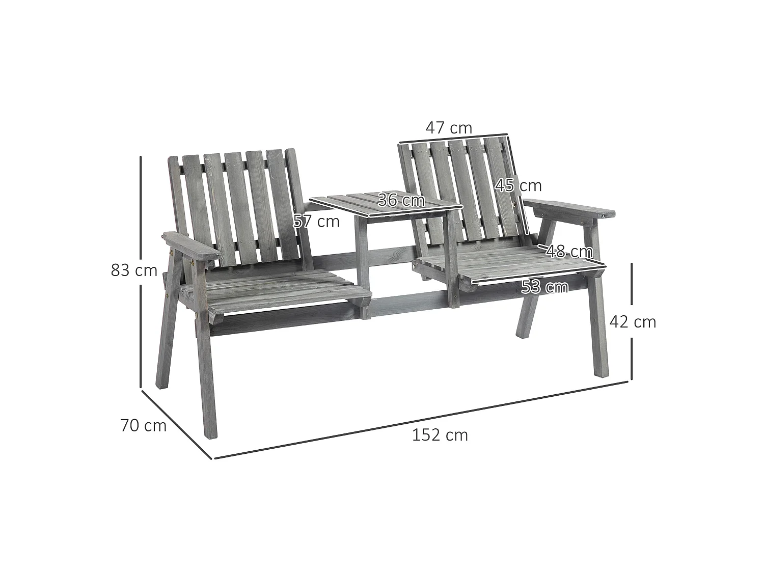 Sasumi Grey 2 Seater Fir Wood Loveseat with Integrated Table