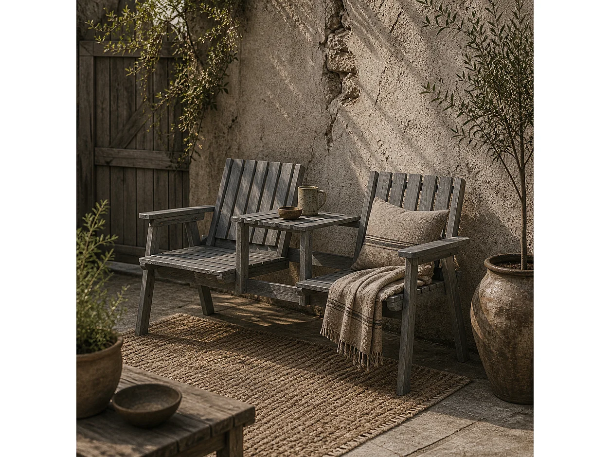 Sasumi Grey 2 Seater Fir Wood Loveseat with Integrated Table