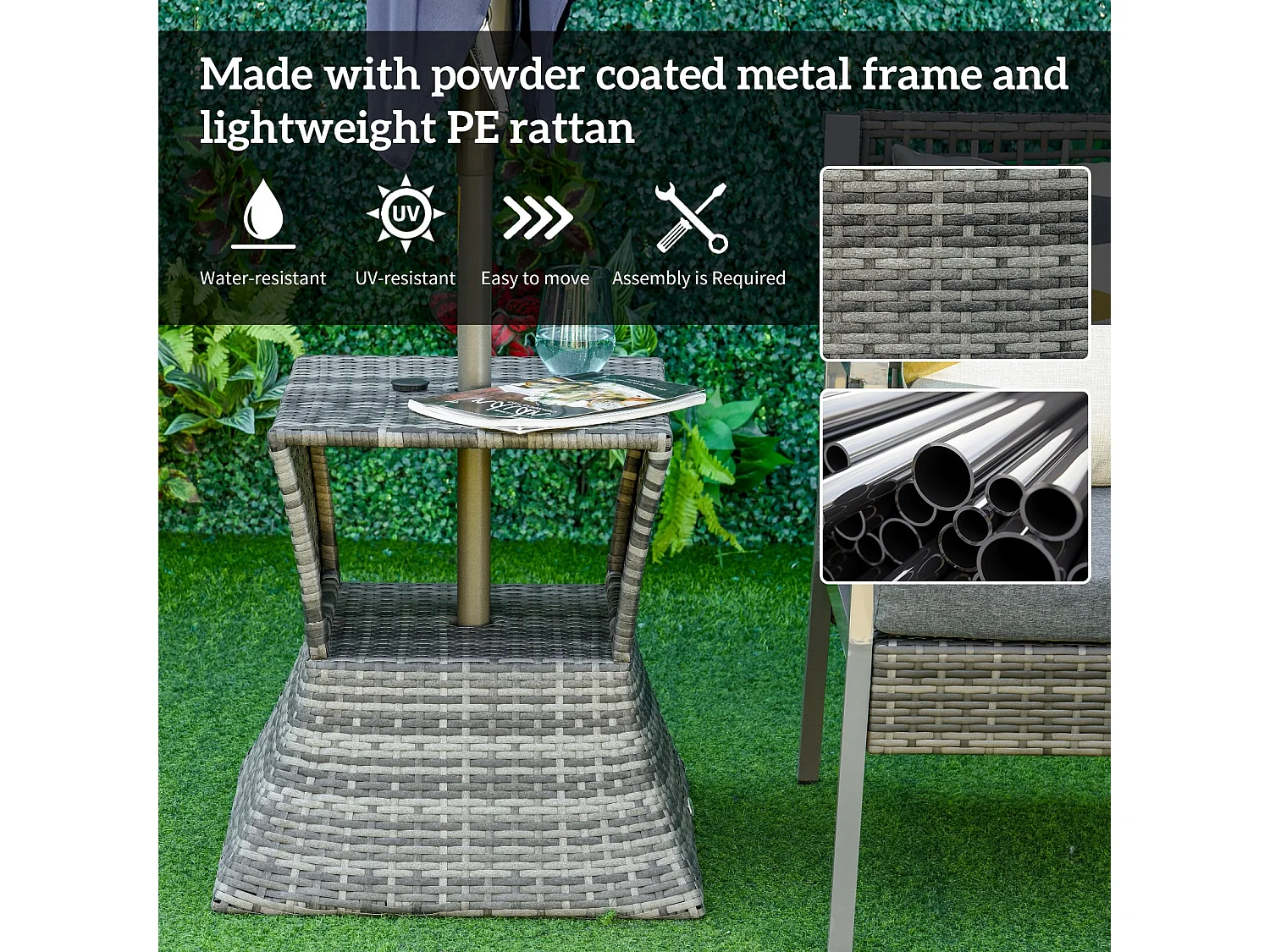 Toka Grey Square Rattan Bistro Table with Parasol Hole and Shelf
