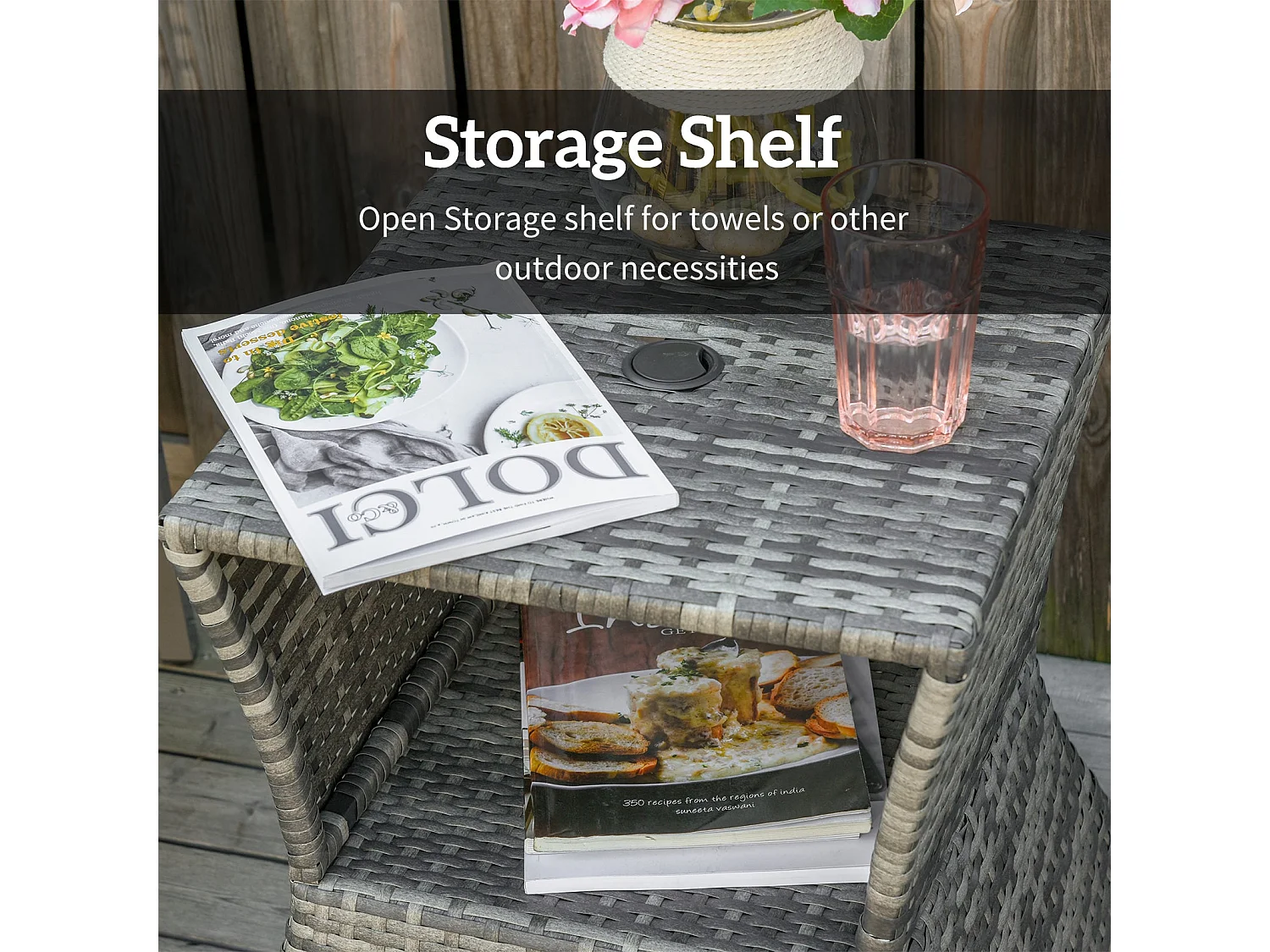 Toka Grey Square Rattan Bistro Table with Parasol Hole and Shelf