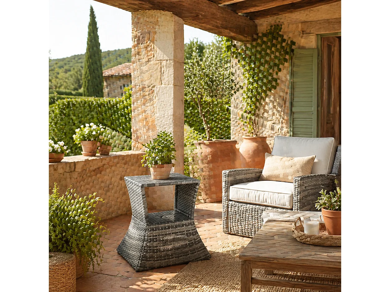 Toka Grey Square Rattan Bistro Table with Parasol Hole and Shelf