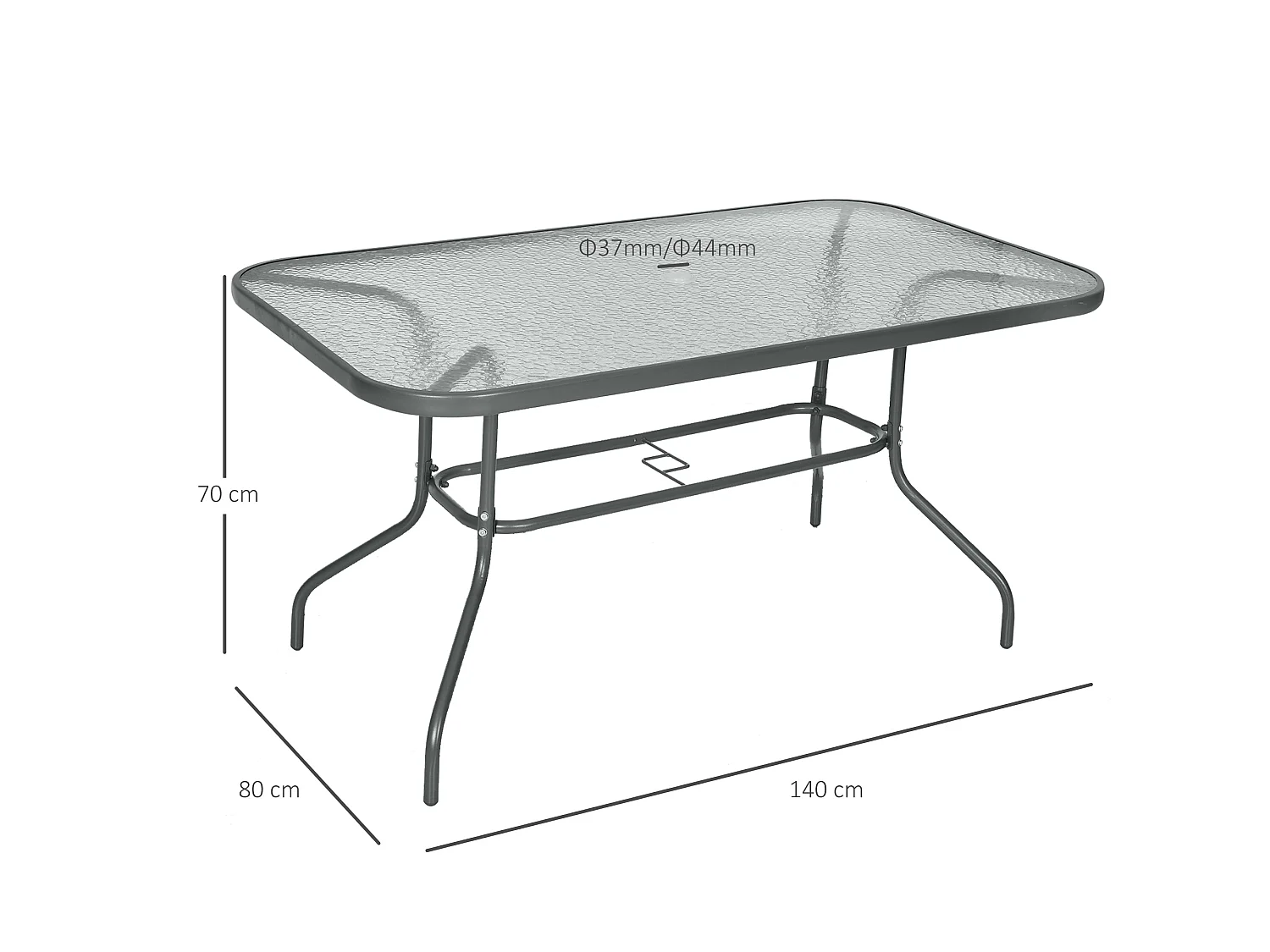 Lemone 140cm Charcoal Grey Rectangular Garden Dining Table with Tempered Glass Top and Parasol Hole