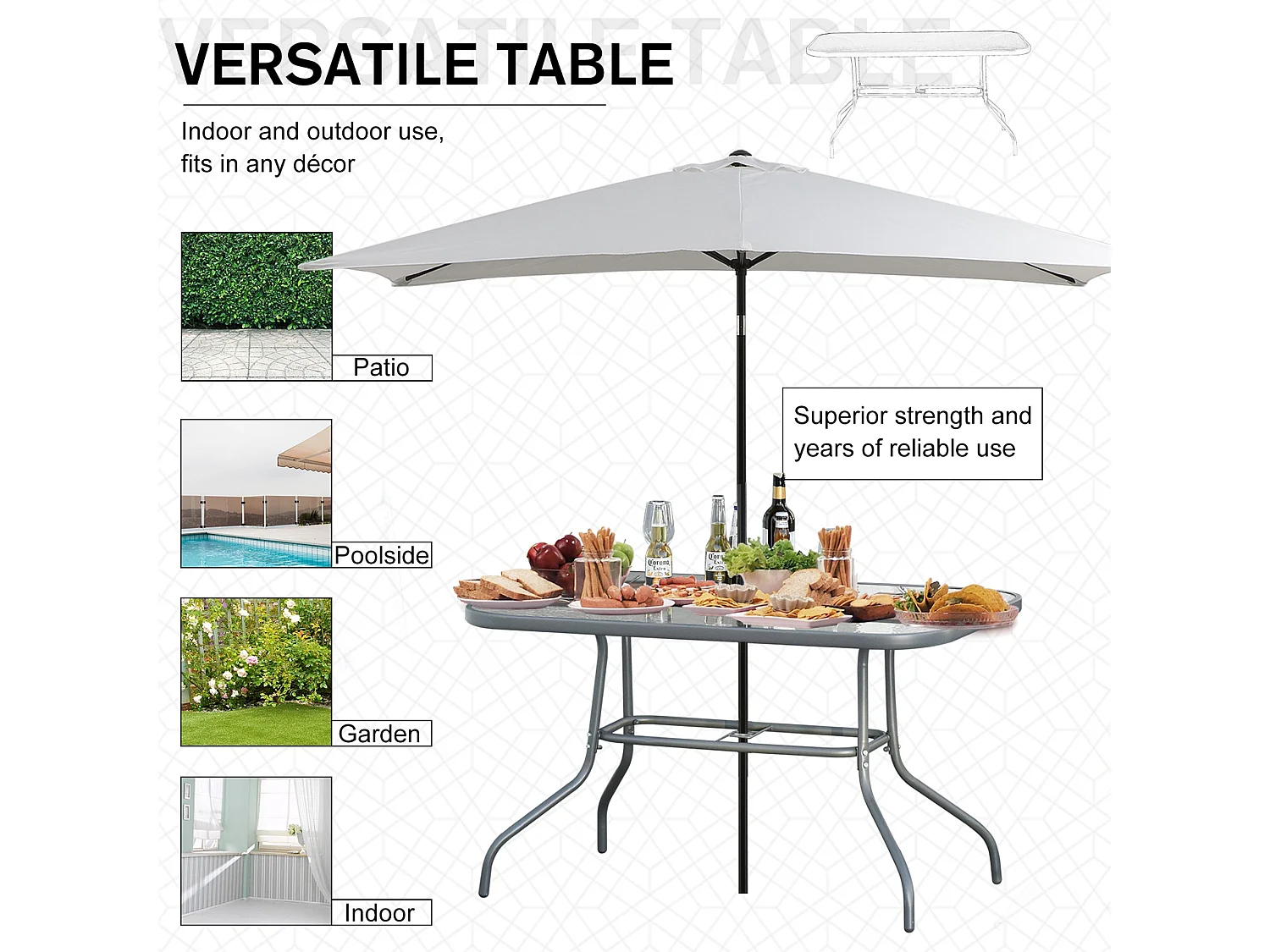 Lemone 140cm Charcoal Grey Rectangular Garden Dining Table with Tempered Glass Top and Parasol Hole
