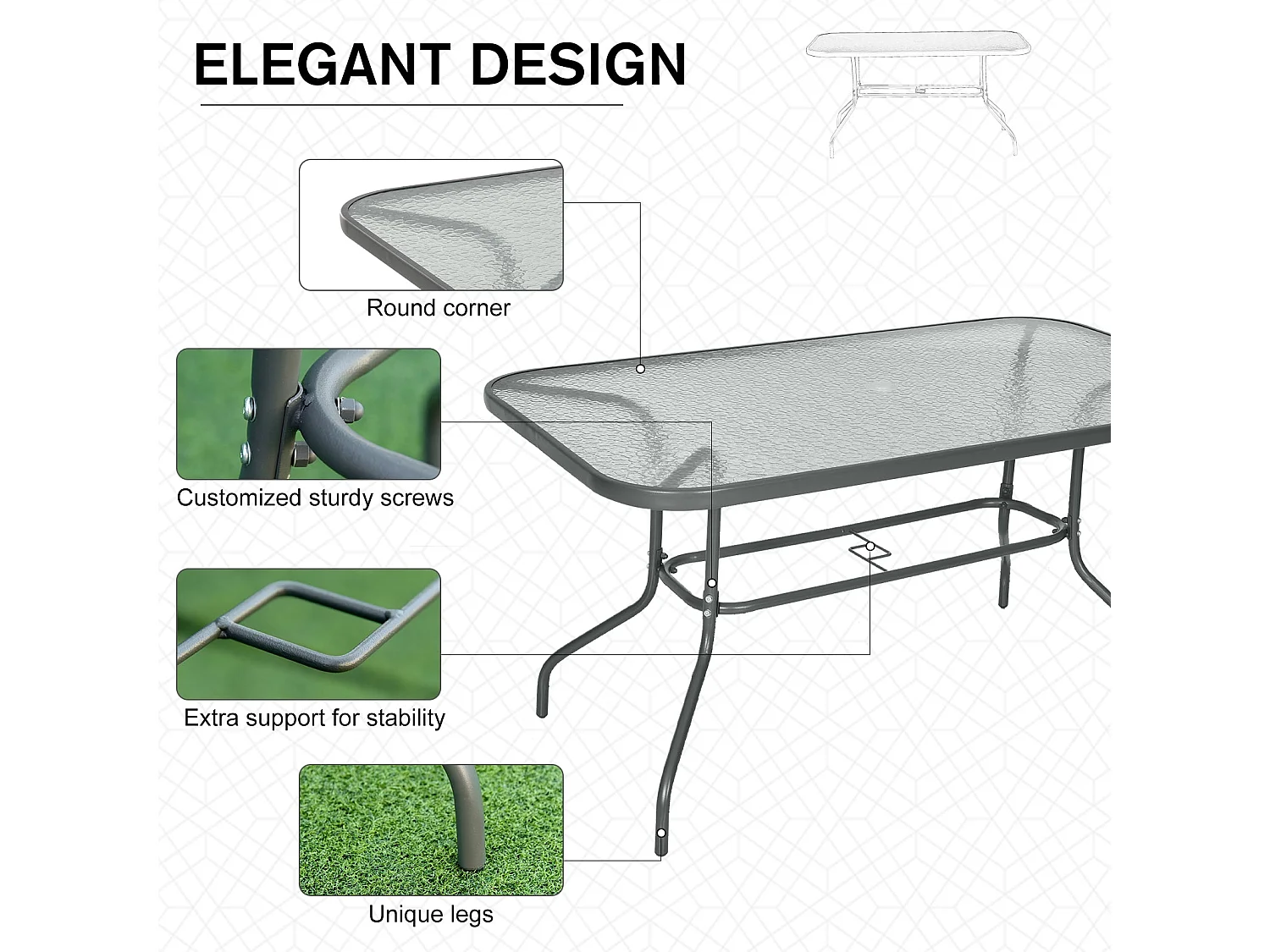 Lemone 140cm Charcoal Grey Rectangular Garden Dining Table with Tempered Glass Top and Parasol Hole
