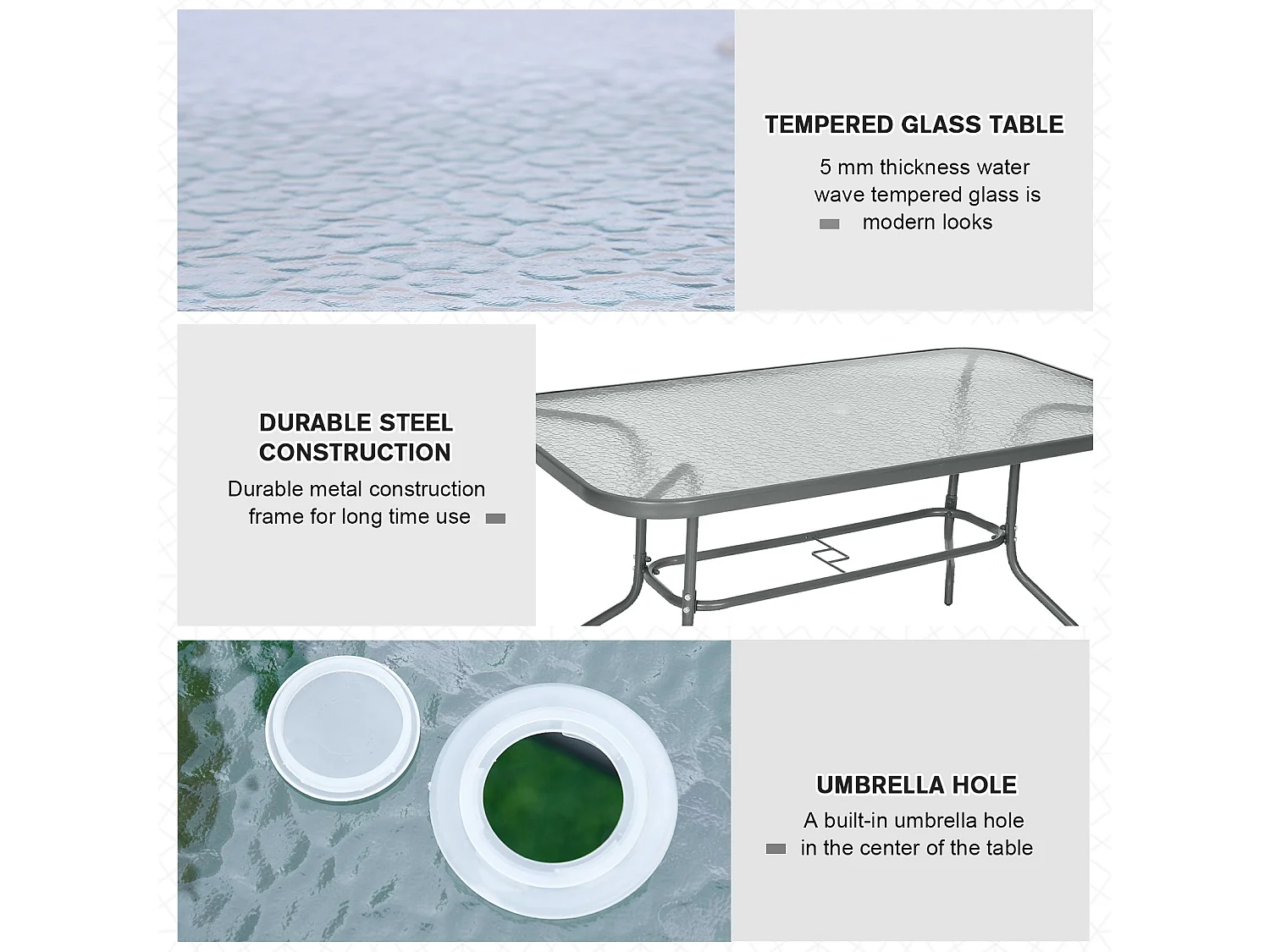 Lemone 140cm Charcoal Grey Rectangular Garden Dining Table with Tempered Glass Top and Parasol Hole