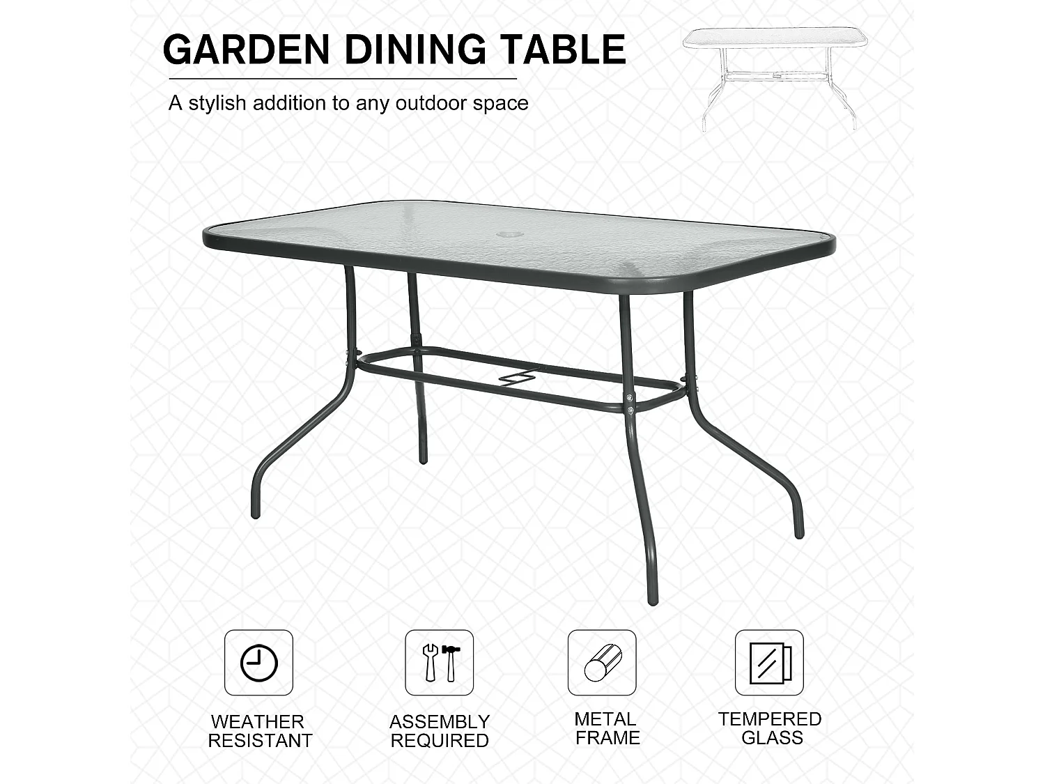 Lemone 140cm Charcoal Grey Rectangular Garden Dining Table with Tempered Glass Top and Parasol Hole