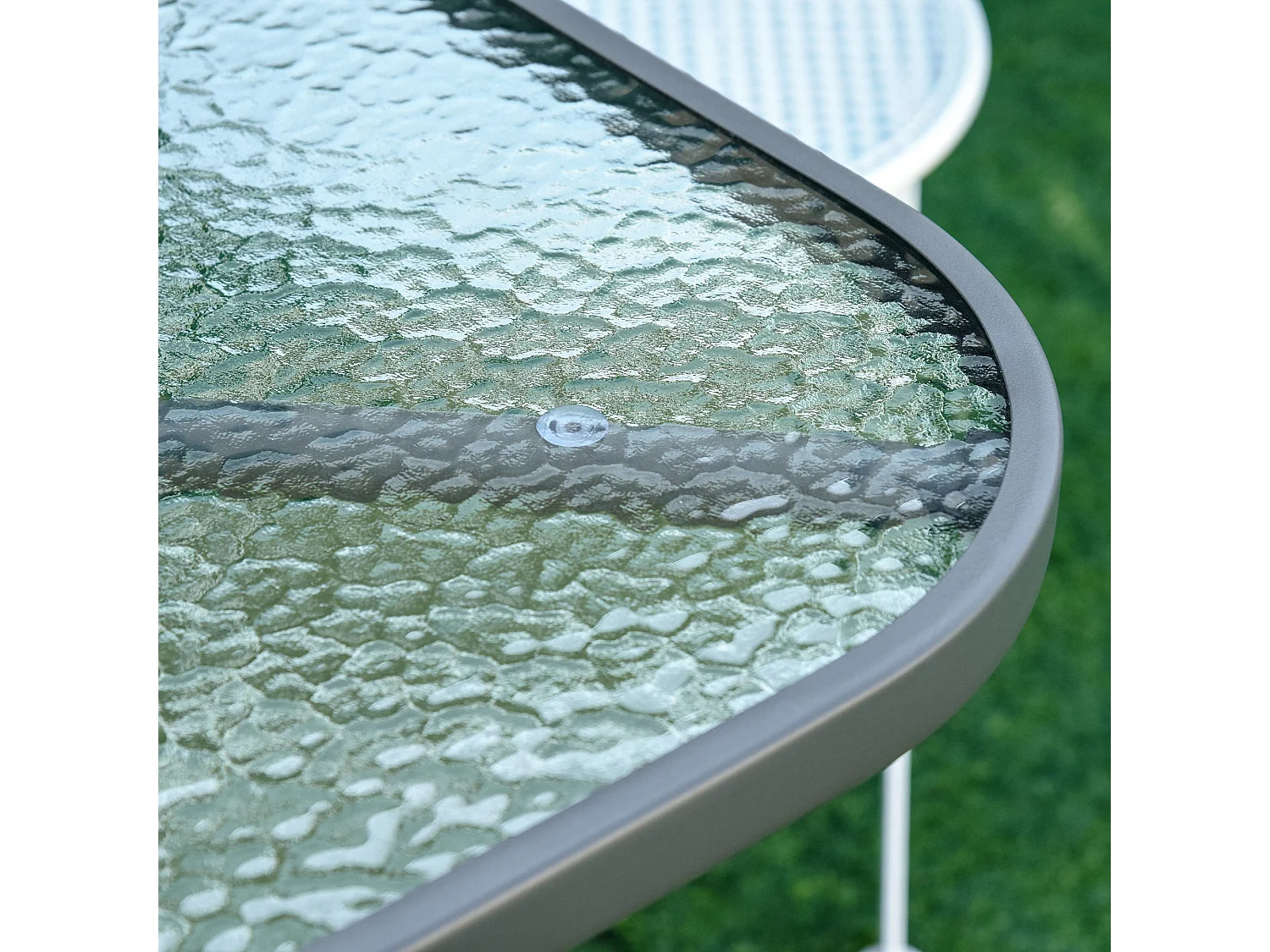 Lemone 140cm Charcoal Grey Rectangular Garden Dining Table with Tempered Glass Top and Parasol Hole