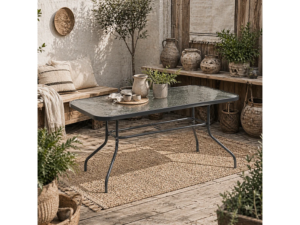 Lemone 140cm Charcoal Grey Rectangular Garden Dining Table with Tempered Glass Top and Parasol Hole